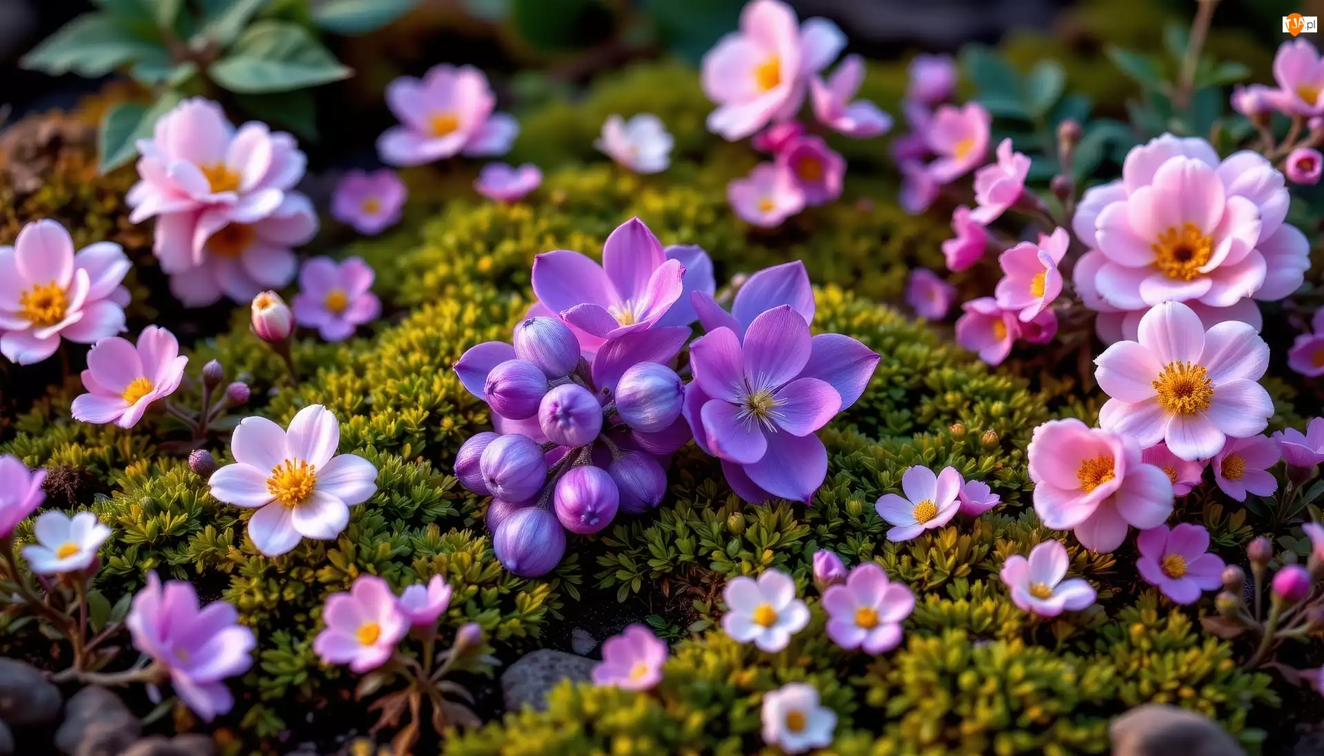 Mech, Różowe, Fioletowe, Kwiaty