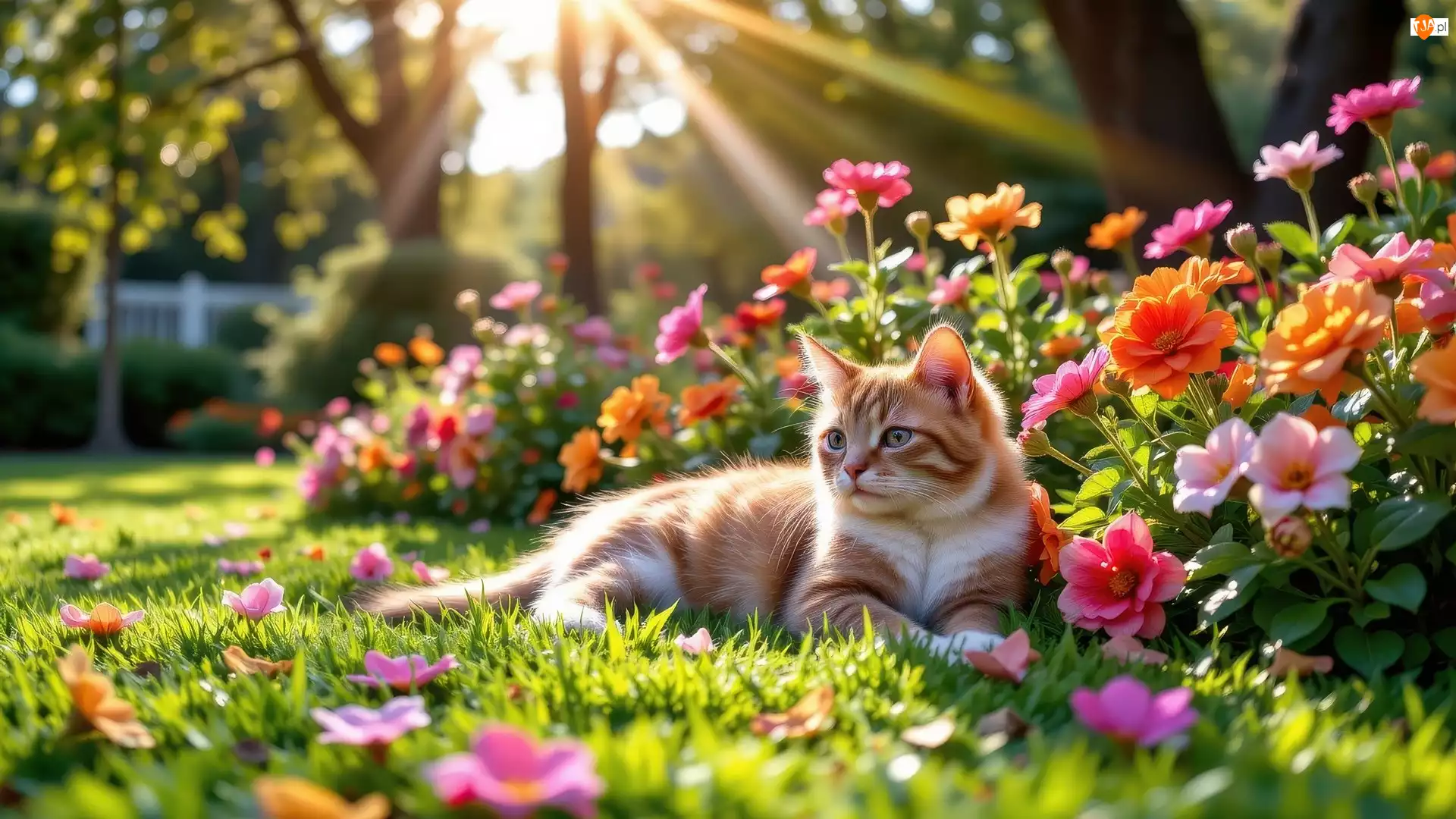 Kot, Ogród, Promienie słońca, Leżący, Trawa, Kwiaty, Kolorowe