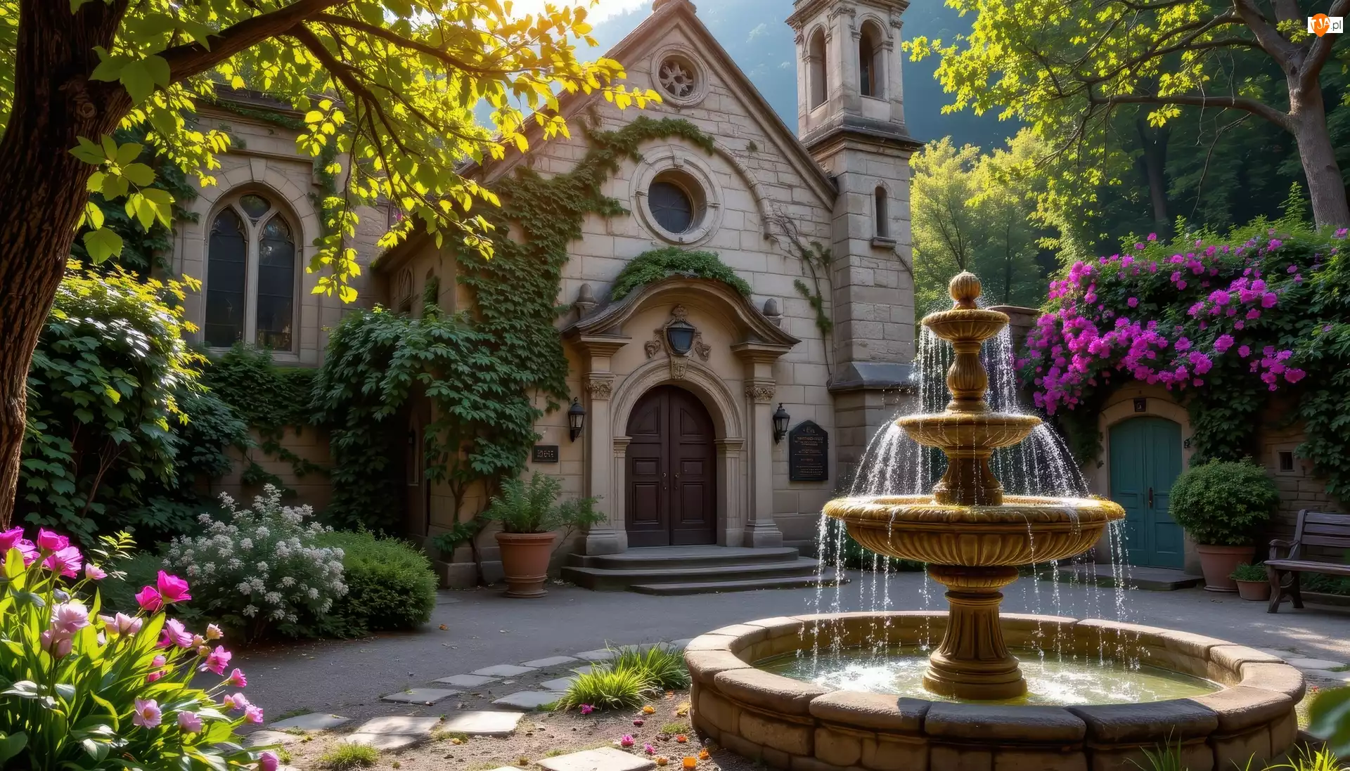 Drzewa, Kościół, Fontanna