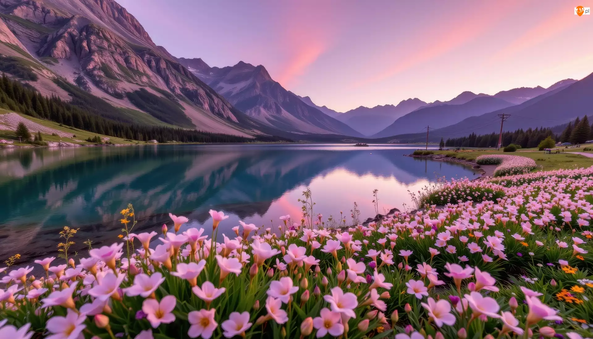 Łąka, Różowe, Jezioro, Góry, Kwiaty
