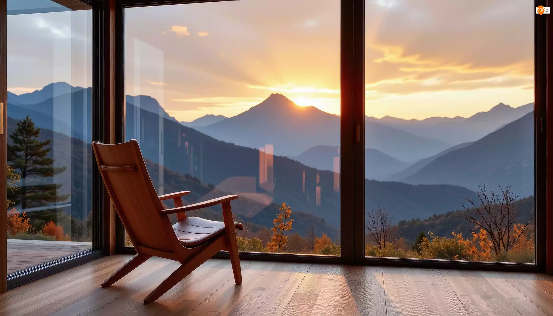 Fotel, Pokój, Góry, Grafika AI, Okno, Zachód słońca