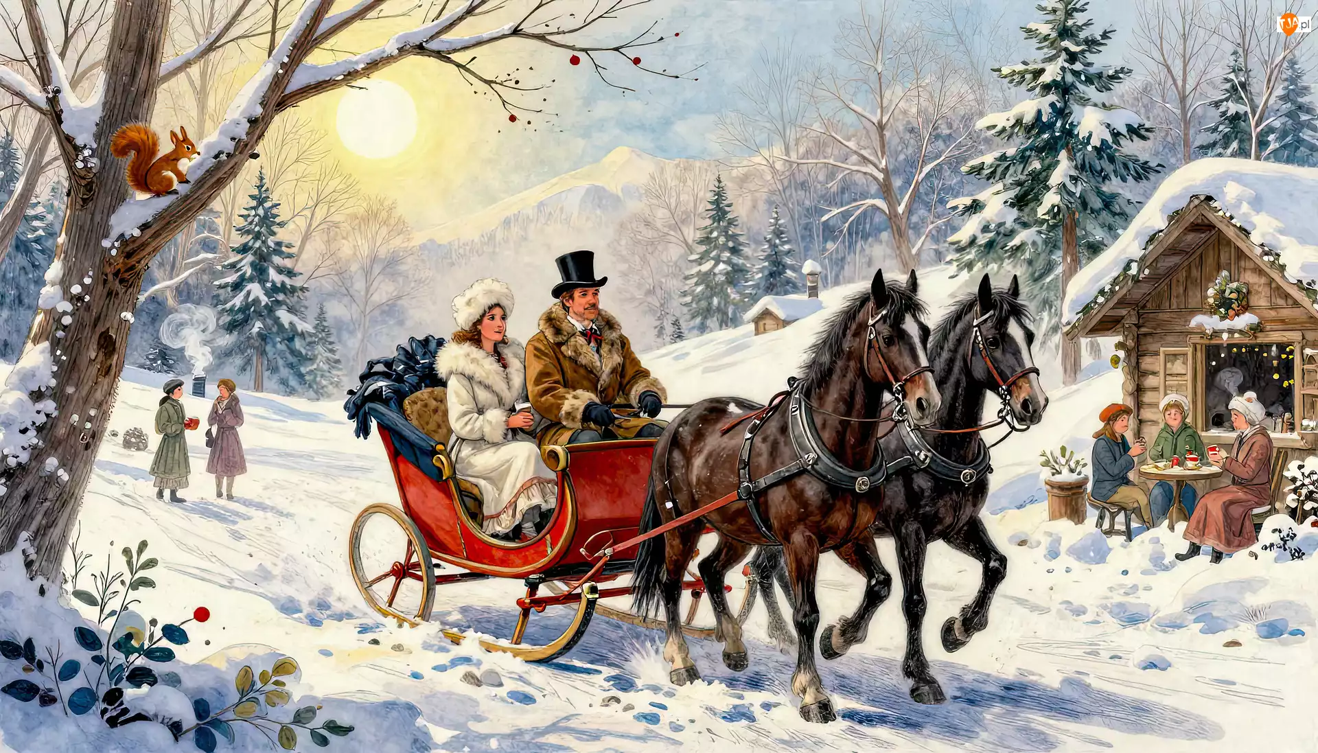 Ludzie, Zima, Sanie, Konie