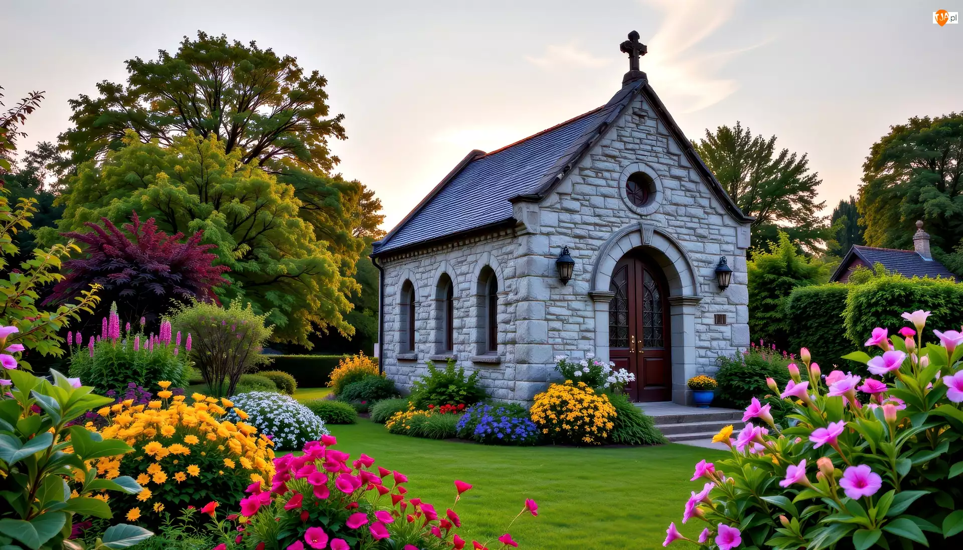 Kościół, Kaplica, Ogród, Grafika AI, Kwiaty, Drzewa