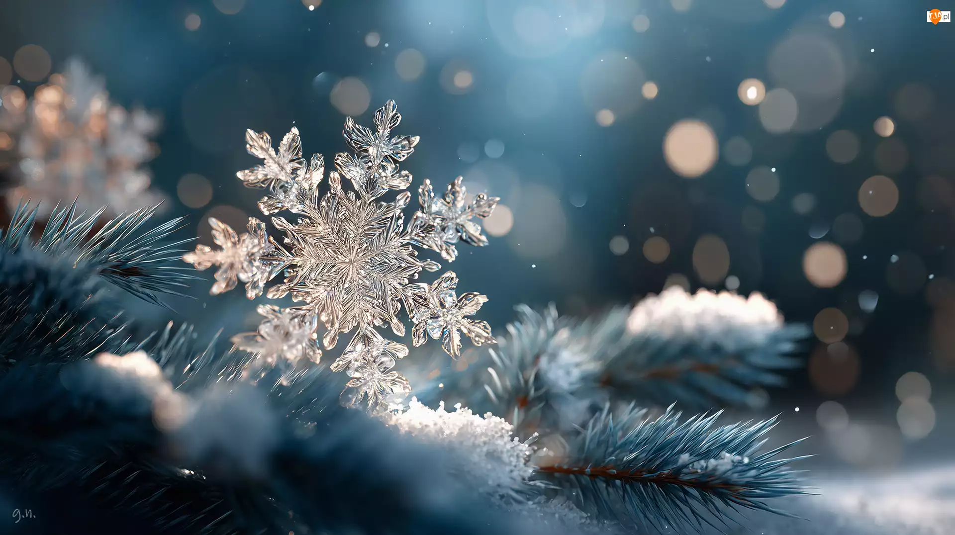 Sosna, Grafika AI, Gałązki, Śnieżynka, Śnieg