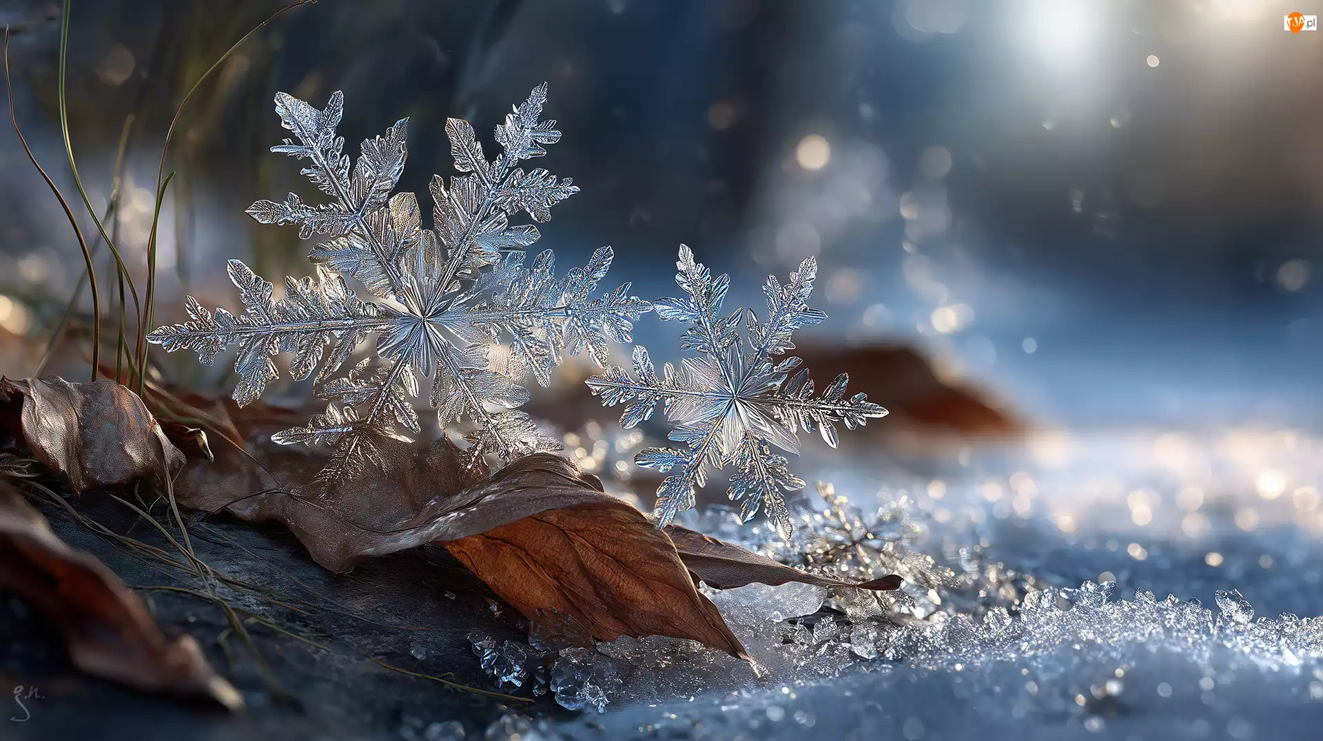 Zima, Grafika AI, Śnieżynki, Dwie, Śnieg