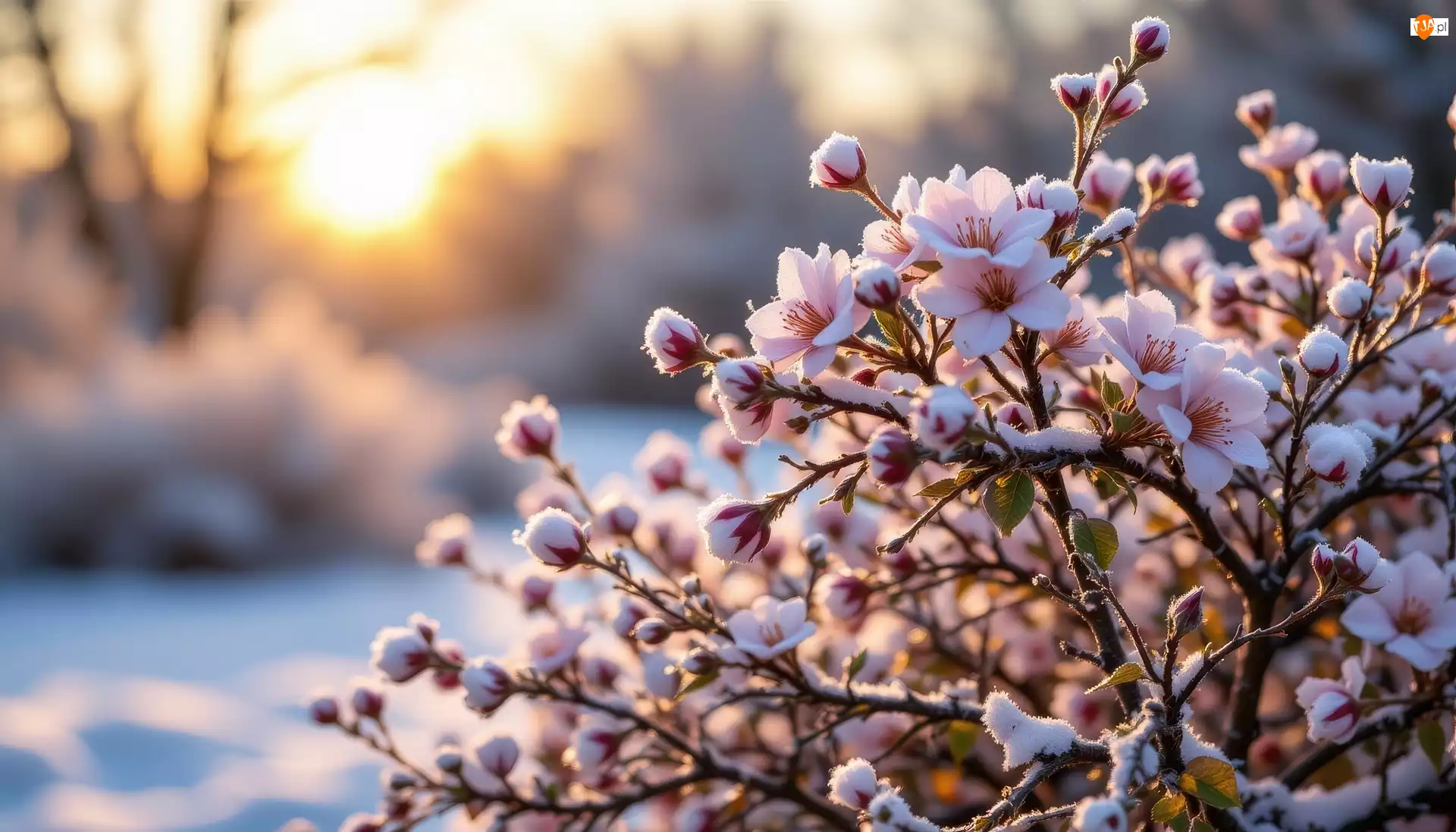 Grafika AI, Ośnieżone, Kwiaty, Krzew