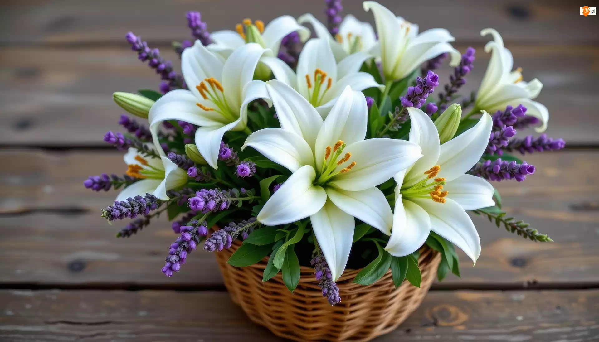 Białe, Lilie, Grafika AI, Kwiaty, Koszyk, Bukiet, Lawenda