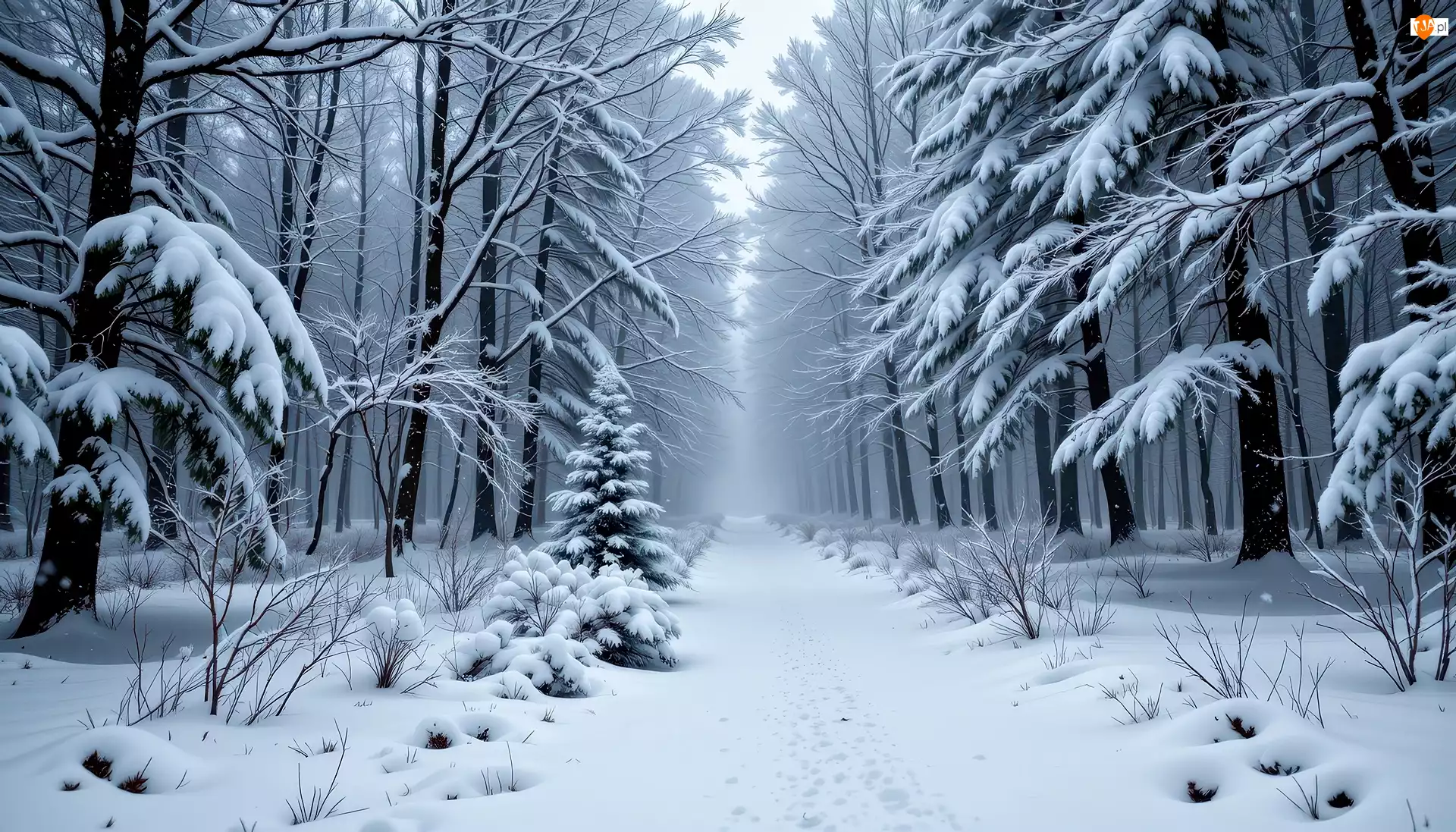 Zaśnieżona, Zima, Drzewa, Grafika AI, Ścieżka, Las
