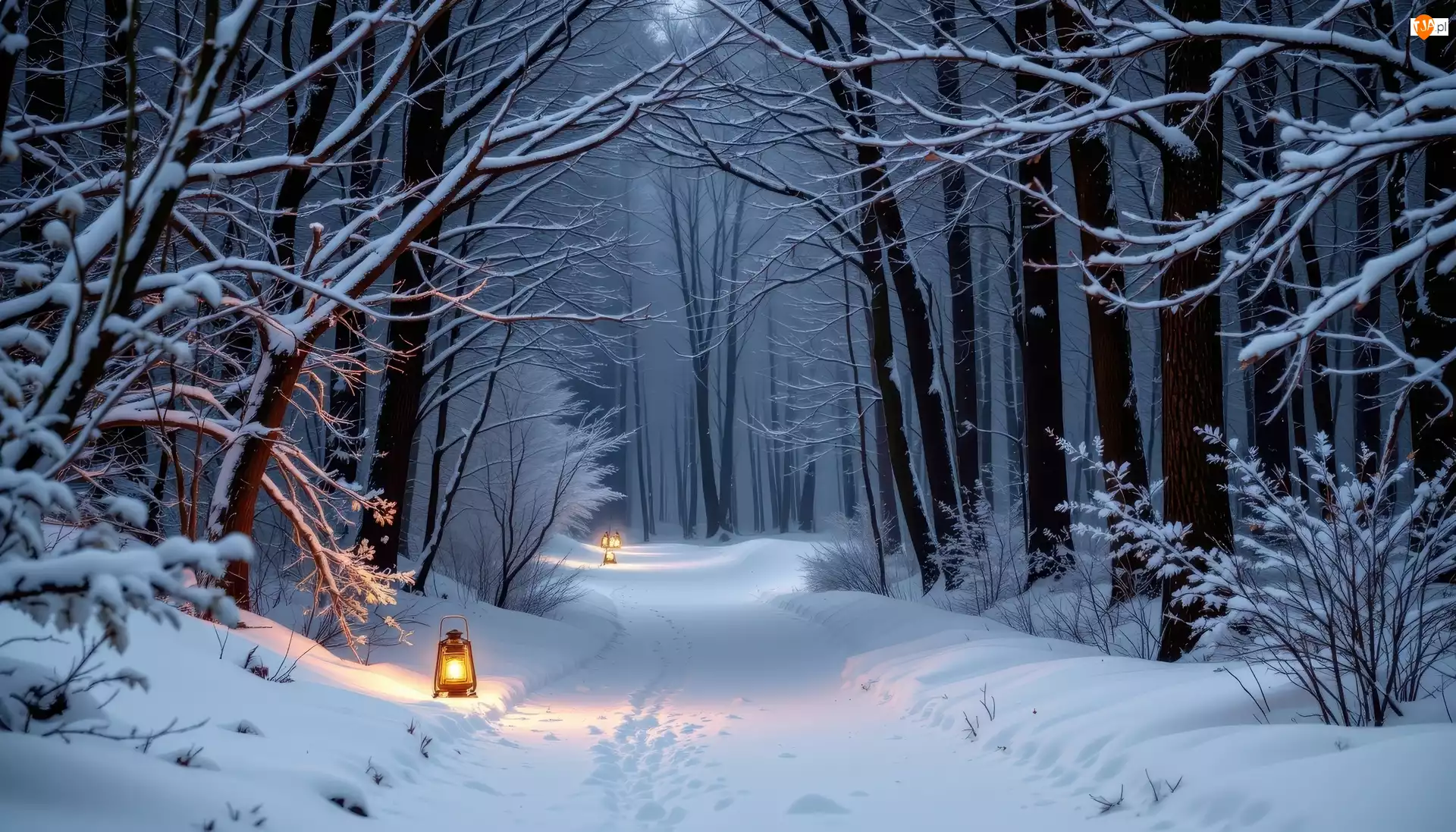 Drzewa, Lampy, Las, Zima, Śnieg