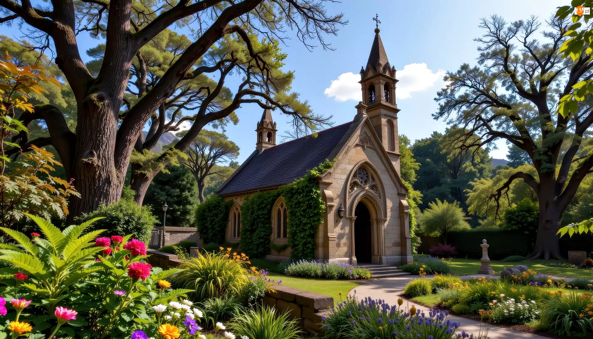 Grafika AI, Kościół, Kwiaty, Drzewa