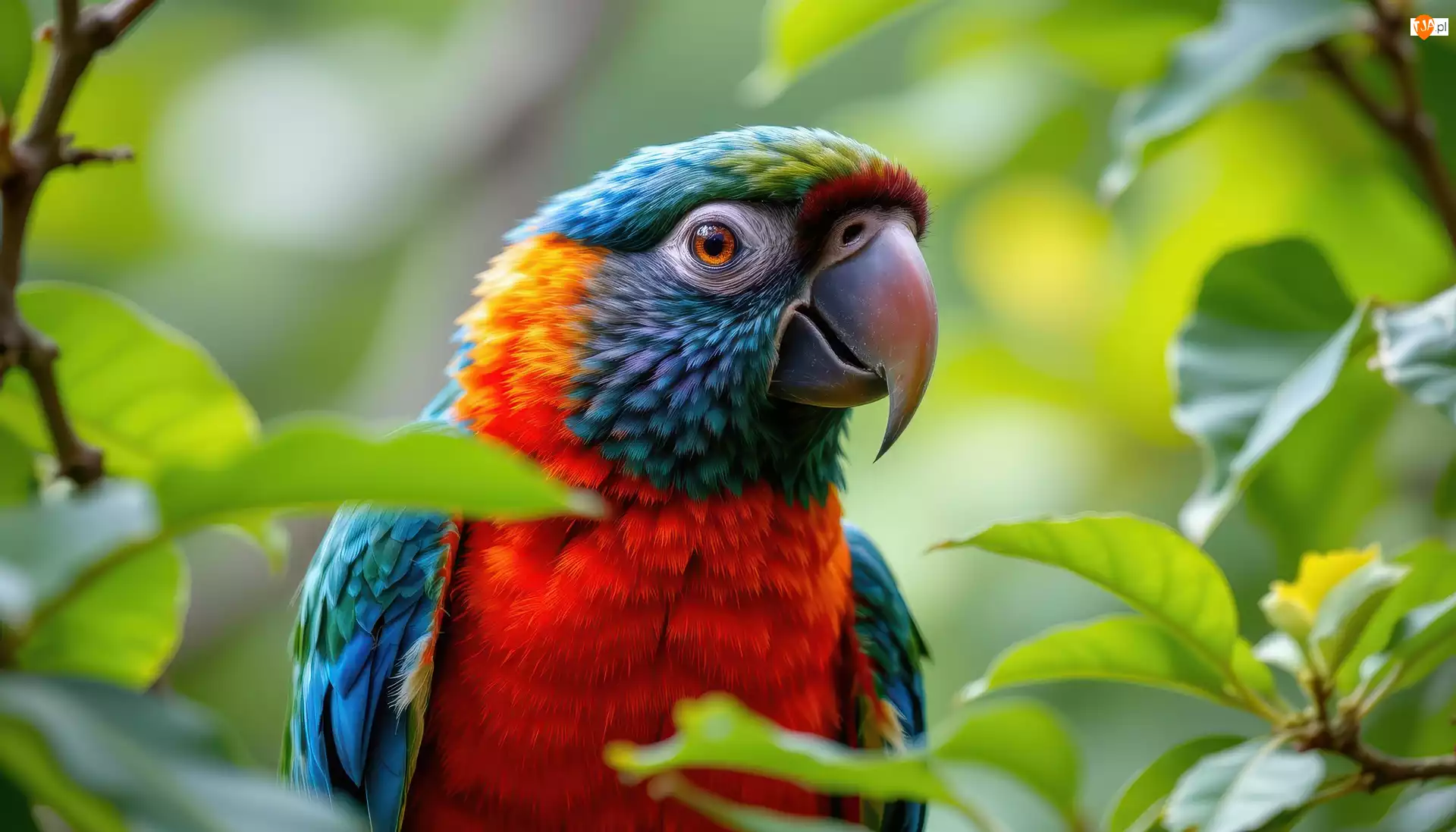 Grafika AI, Kolorowa, Papuga, Liście