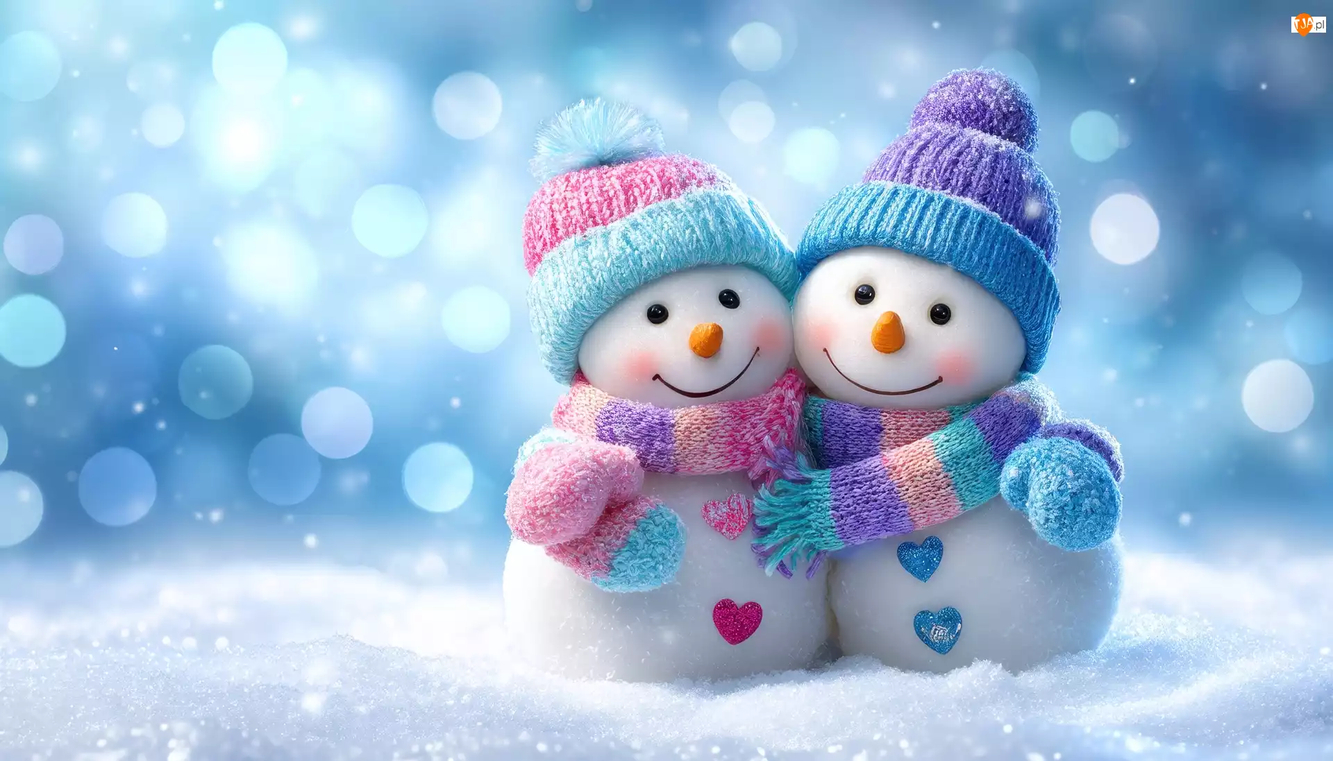 Bałwanki, Kolorowe, Grafika AI, Dwa, Śnieg, Szaliki, Czapki