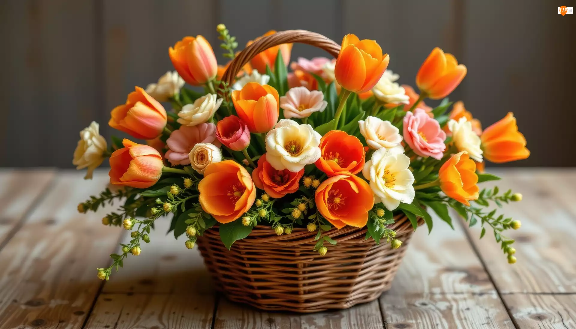Tulipany, Deski, Kamelie, Kwiaty, Koszyk