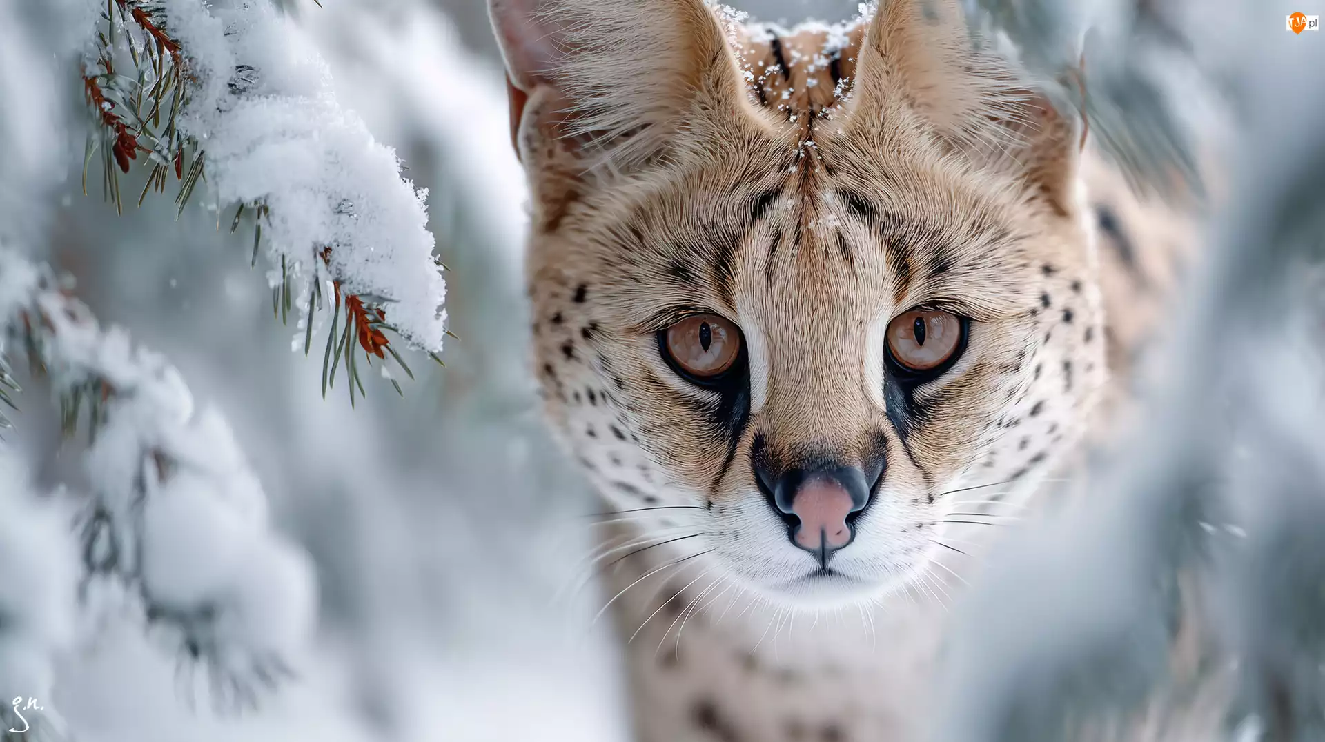 Śnieg, Grafika AI, Głowa, Serwal, Gałązki