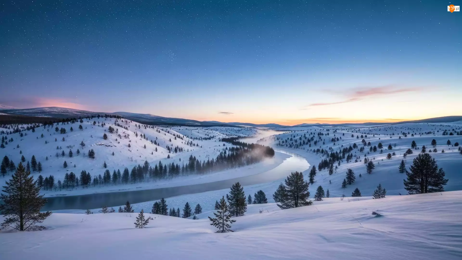 Drzewa, Zima, Rzeka, Wzgórza