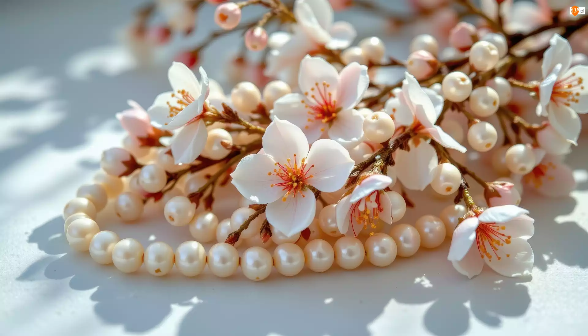 Gałązka, Perły, Kwiaty, Białe, Korale