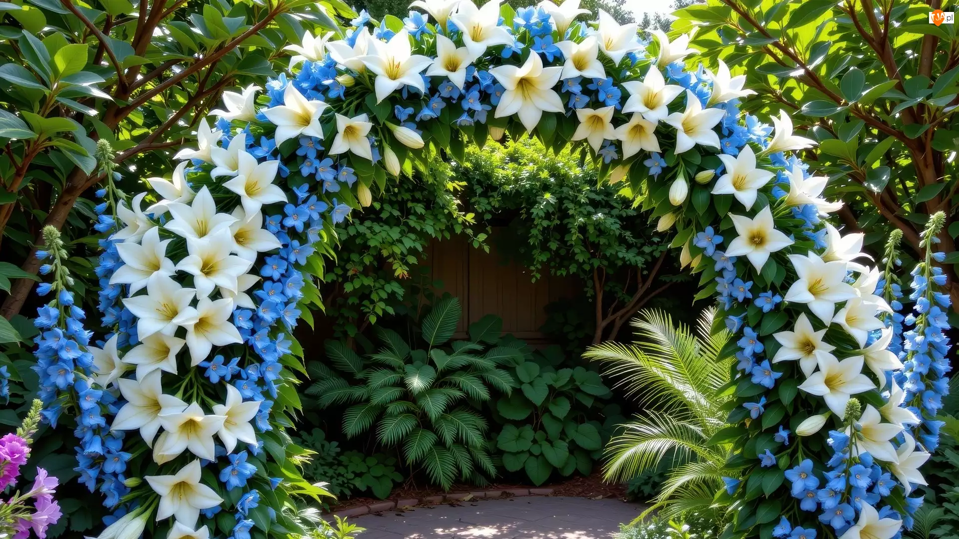 Kwiatowy, Łuk, Rośliny, Ogród, Kwiaty, Białe, Niebieskie