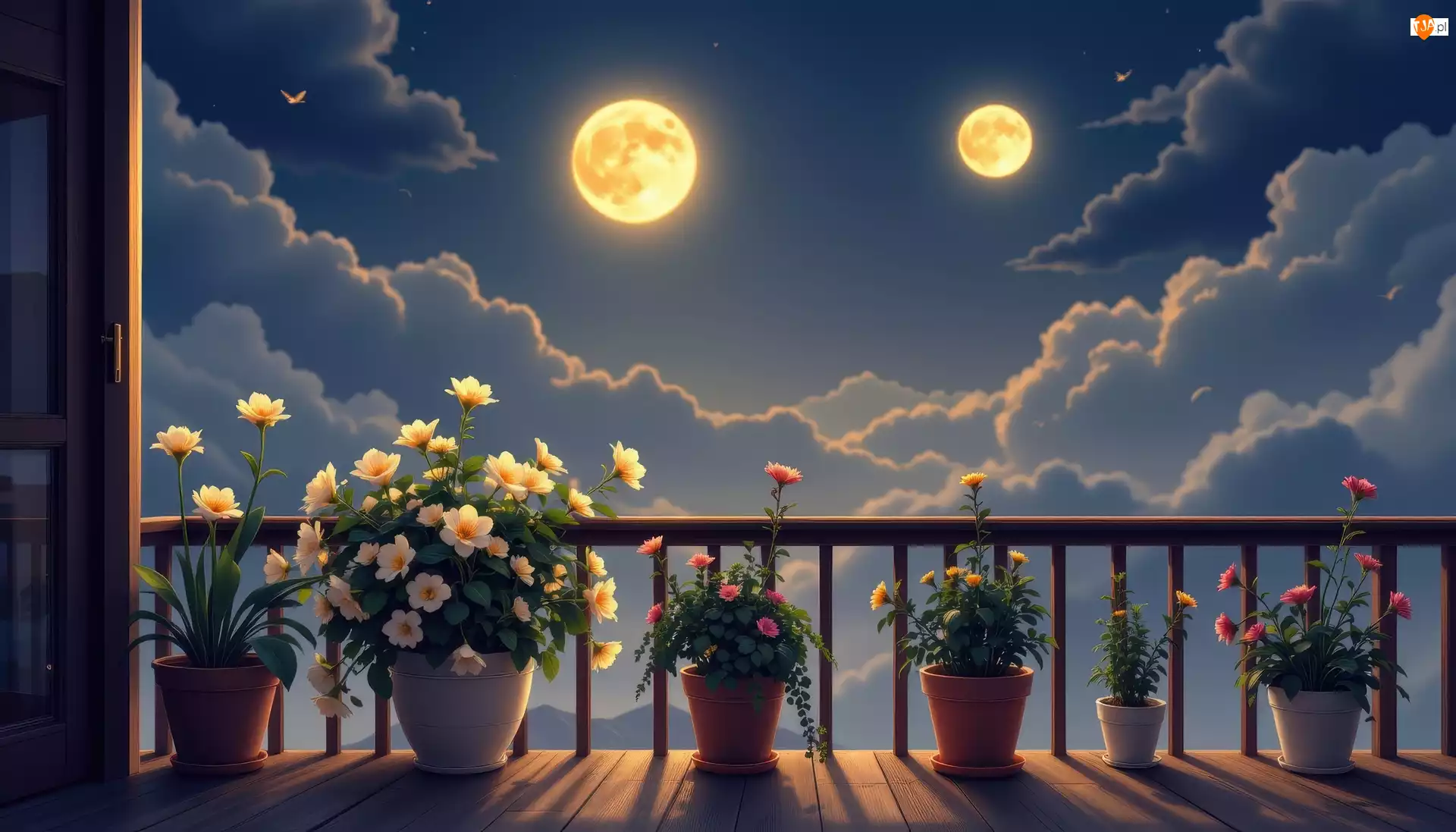 Księżyce, Noc, Kwiaty, Balkon, Chmury, Doniczki