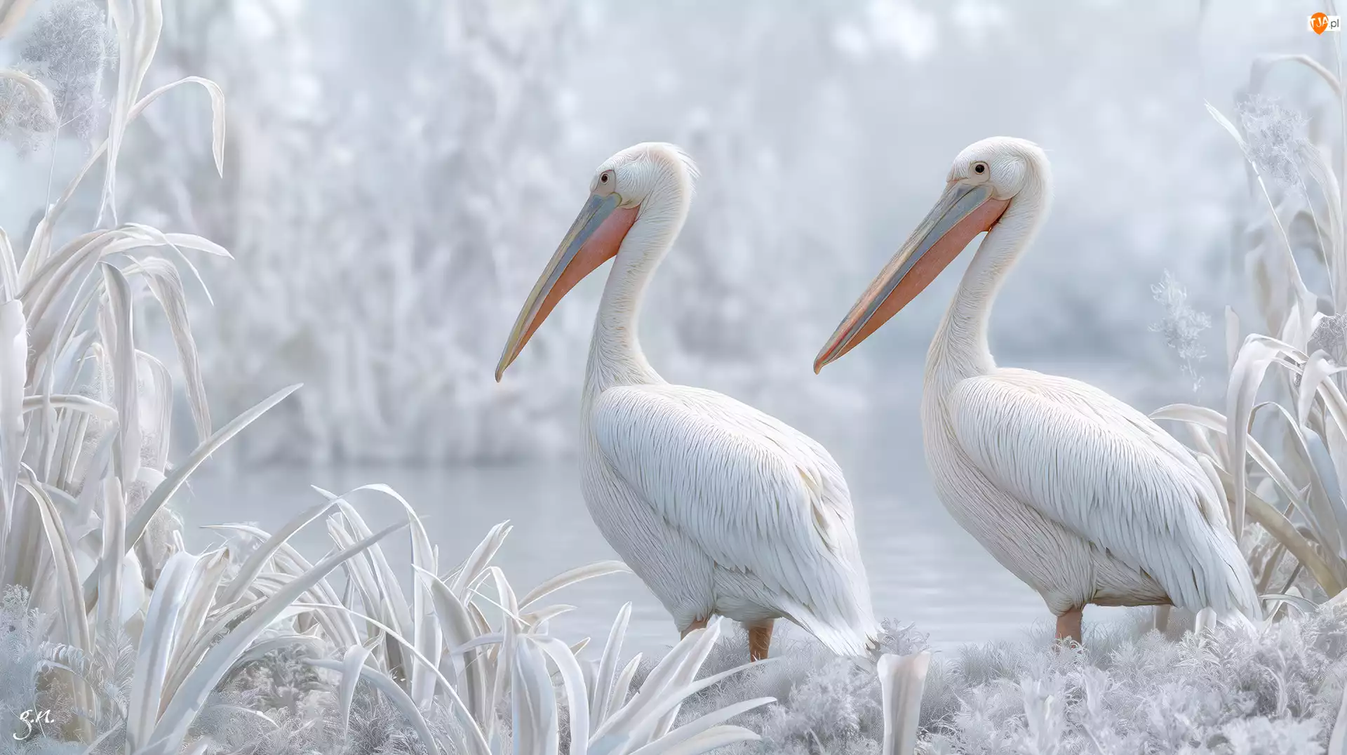 Grafika AI, Dwa, Pelikany, Zarośla