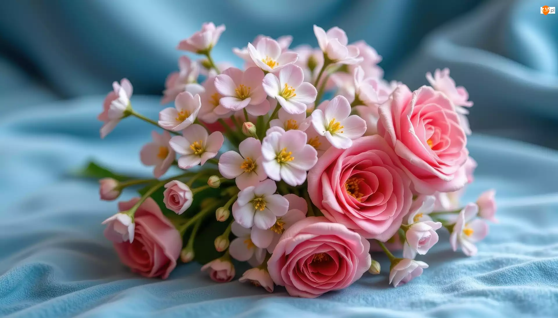 Róże, Tkanina, Kwiaty, Bukiet, Niebieska