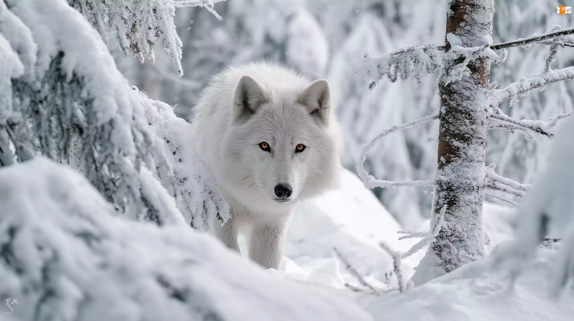 Las, Grafika AI, Wilk, Biały, Zima