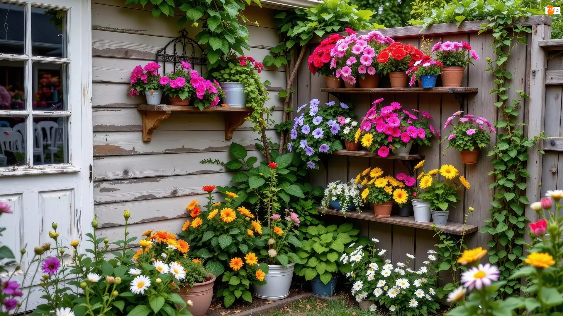 Kolorowe, Ogródek, Półki, Ściany, Kwiaty