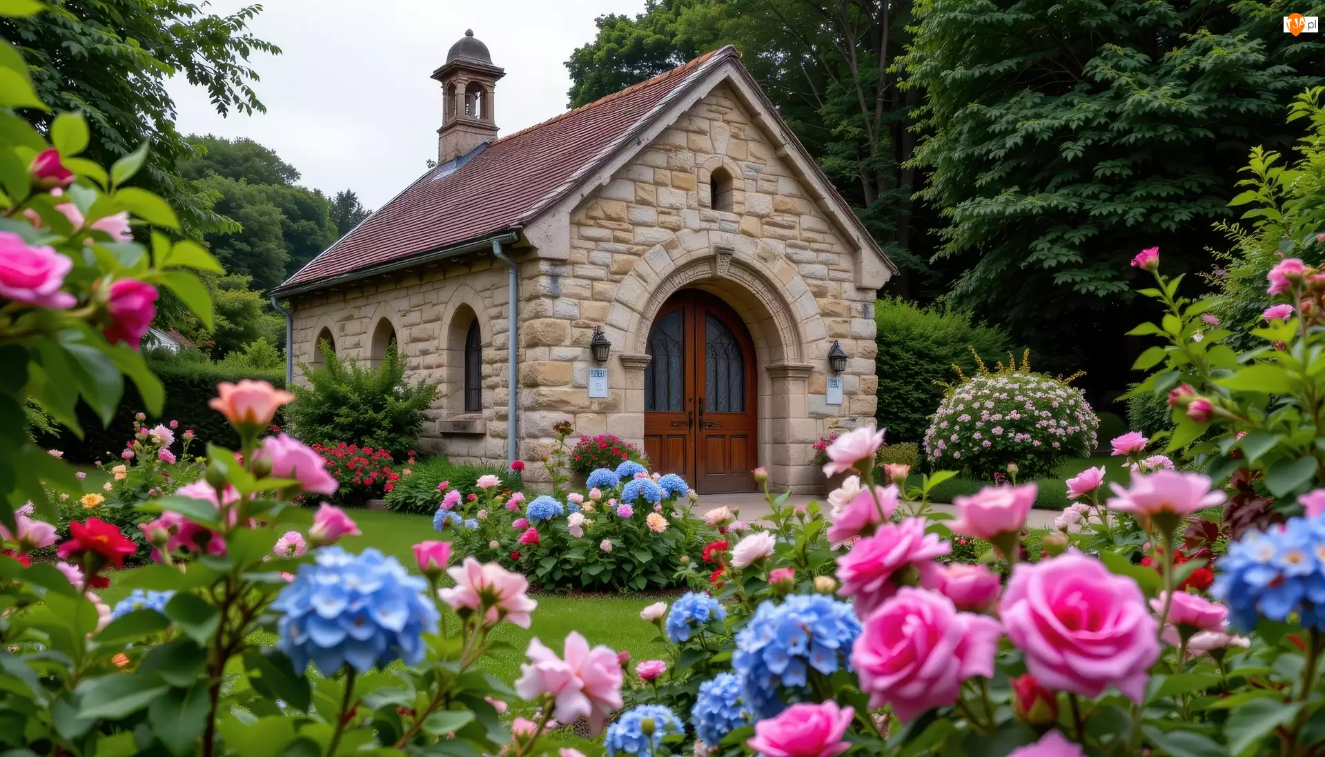 Dom, Ogród, Grafika AI, Budynek, Drzewa, Hortensje, Róże