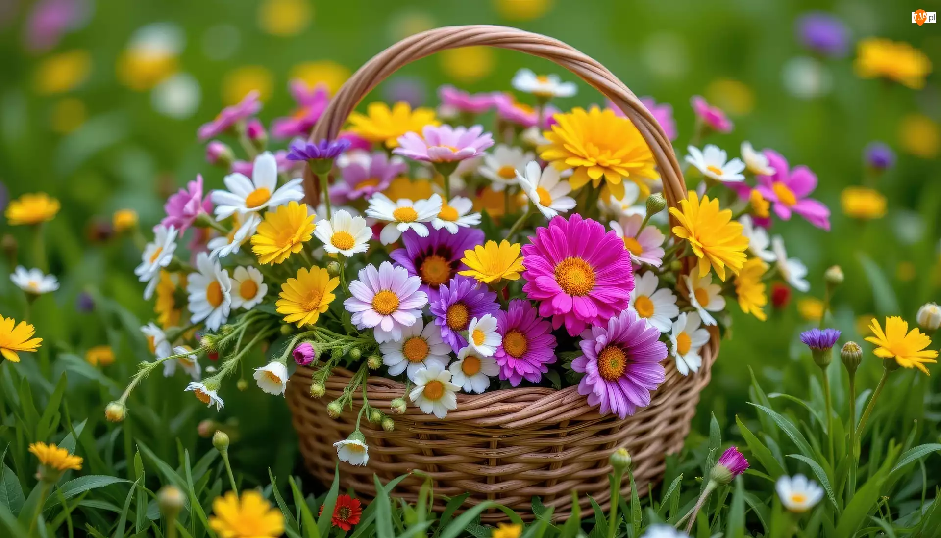 Polne, Kolorowe, Bukiet, Koszyk, Kwiaty, Wiklinowy