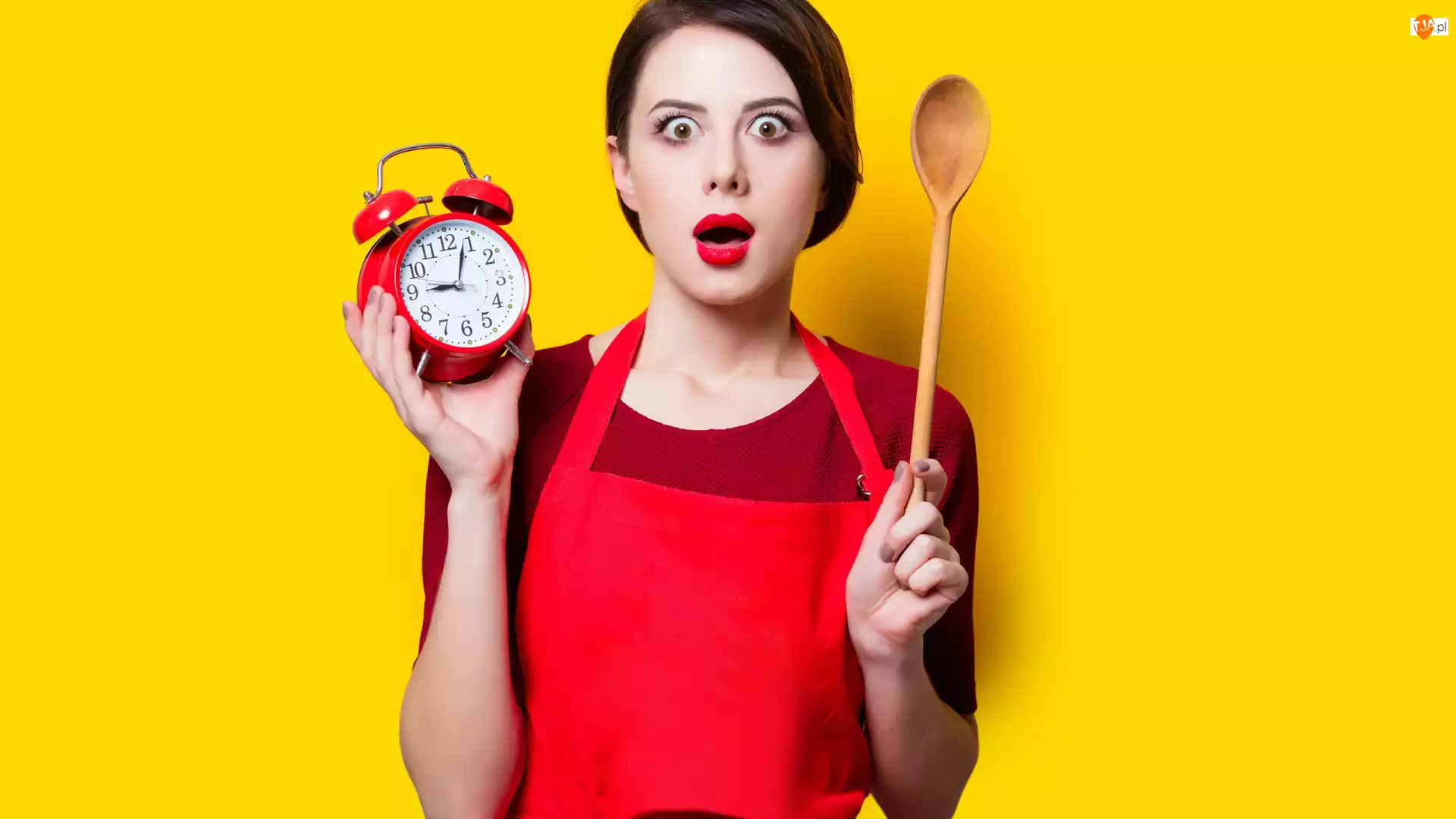 Czerwony, Fartuch, Budzik, Dziewczyna, Zegar, Łyżka, Drewniana