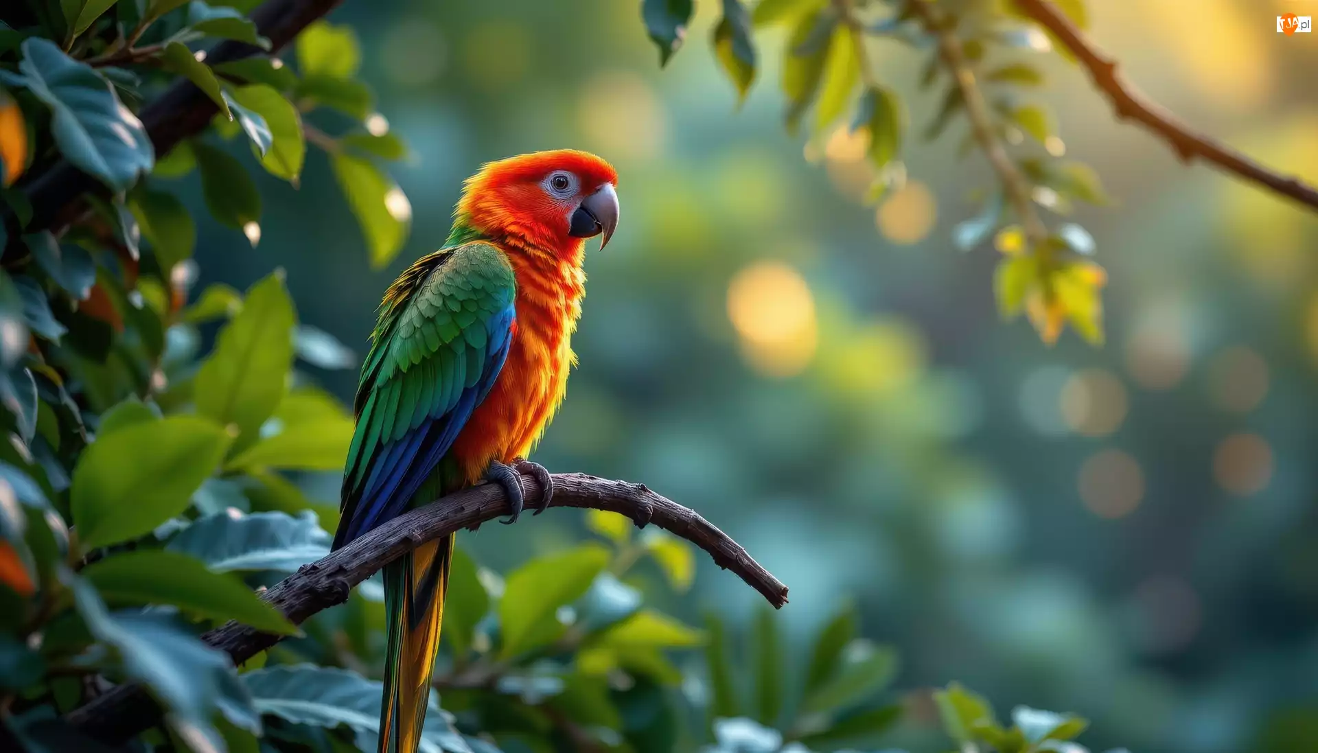 Kolorowa, Ptak, Gałązka, Grafika AI, Papuga, Liście