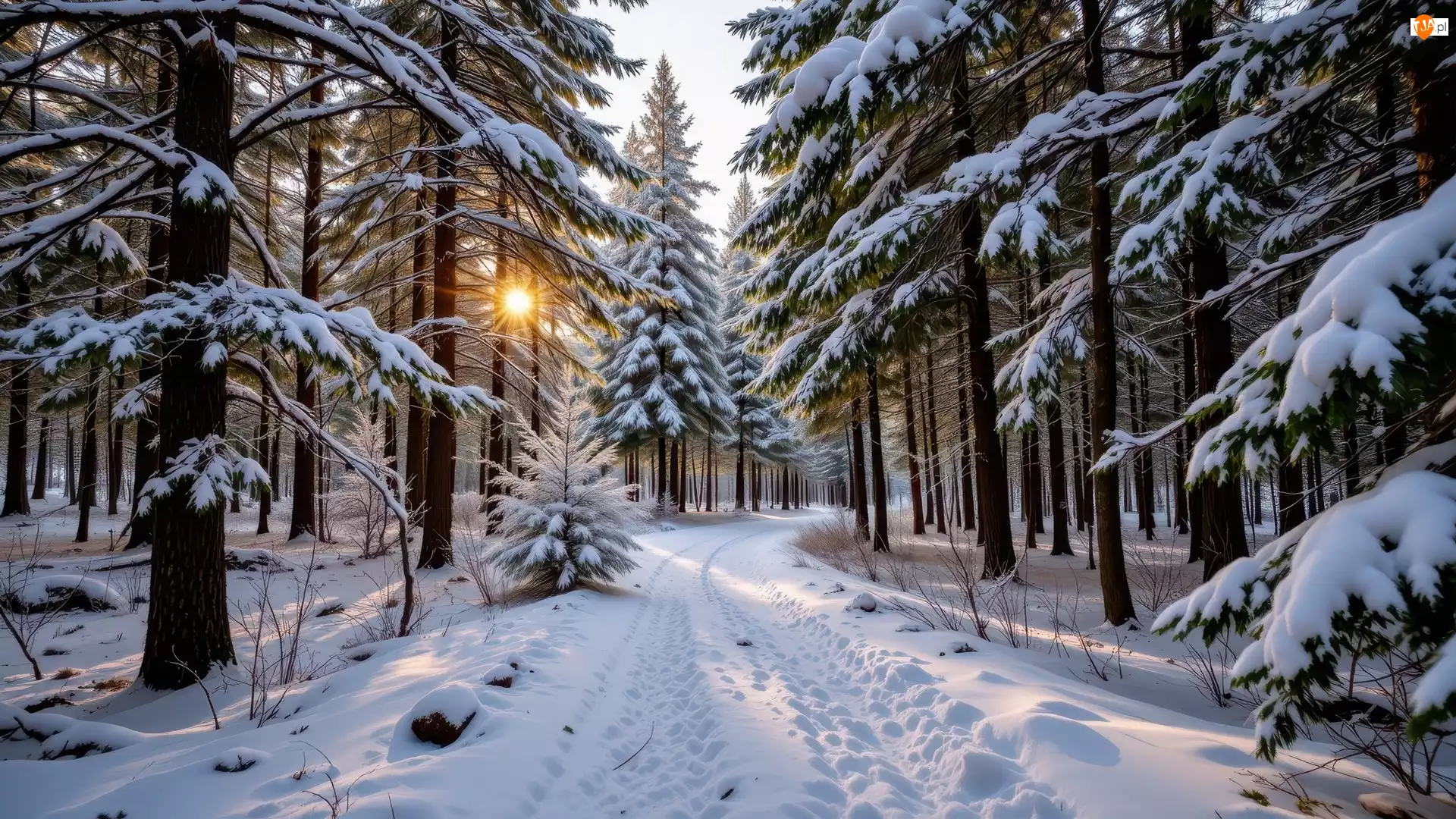 Las, Ośnieżone, Słońce, Zima, Droga, Zaśnieżona, Drzewa