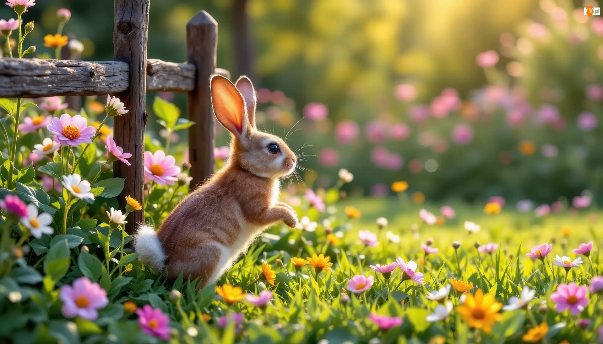 Płot, Królik, Łąka, Kwiaty