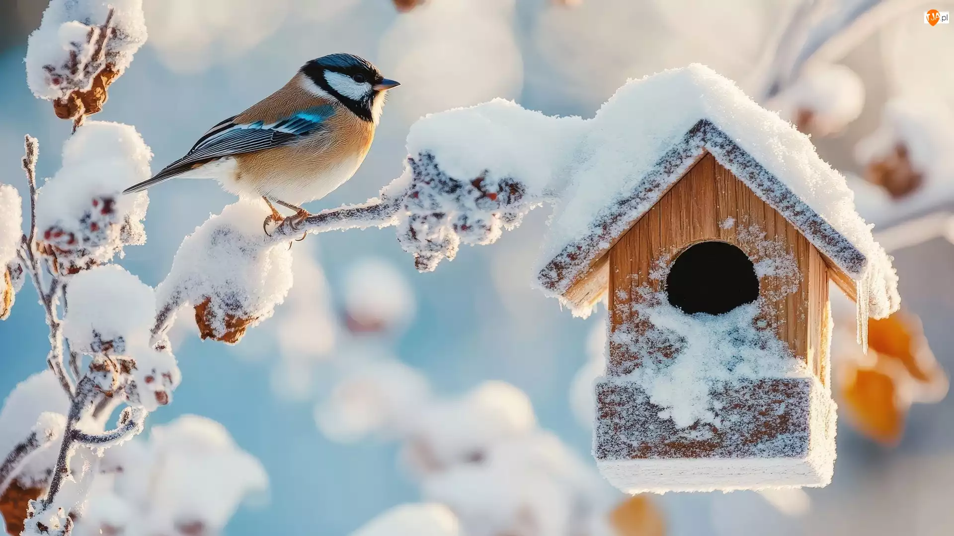 Ptak, Zima, Ośnieżona, Karmnik, Sikorka, Gałązka