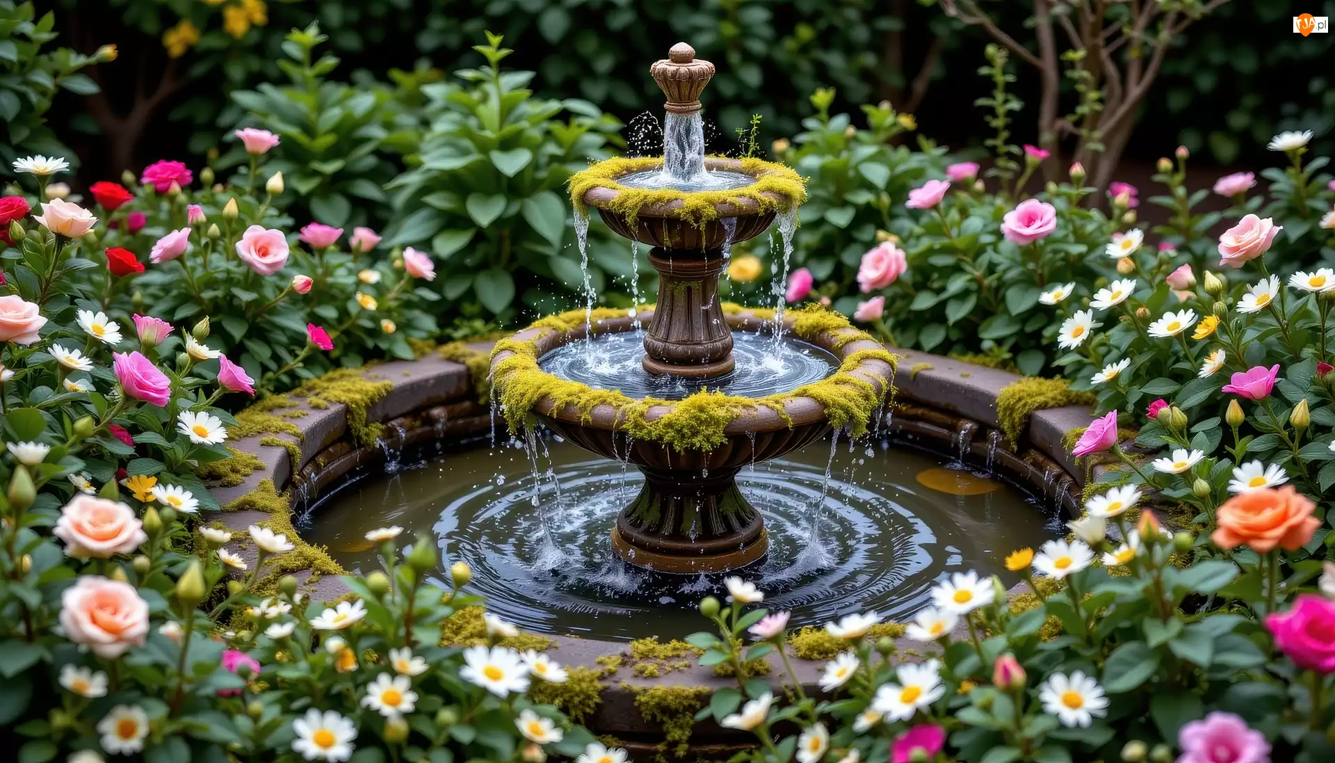 Ogród, Fontanna, Kolorowe, Kwiaty