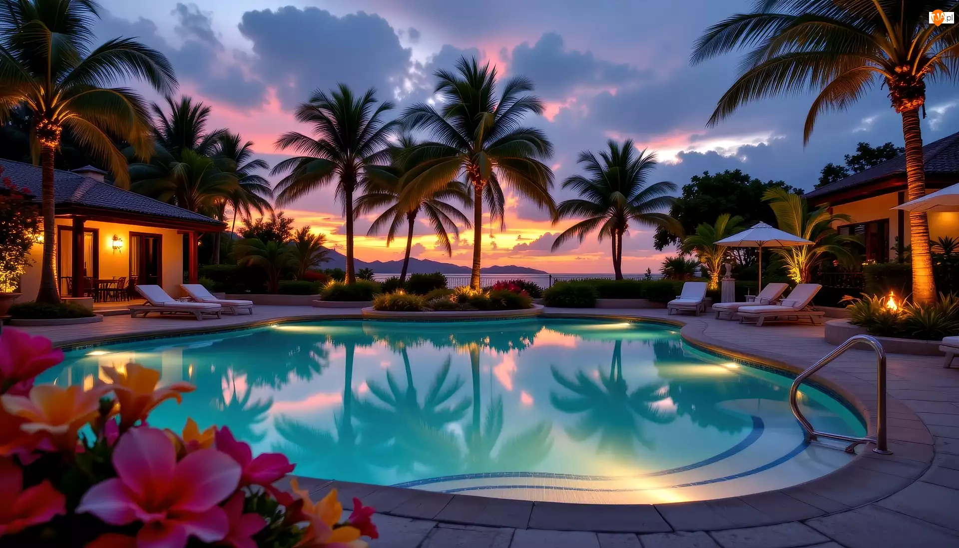 Grafika AI, Basen, Palmy, Zachód słońca