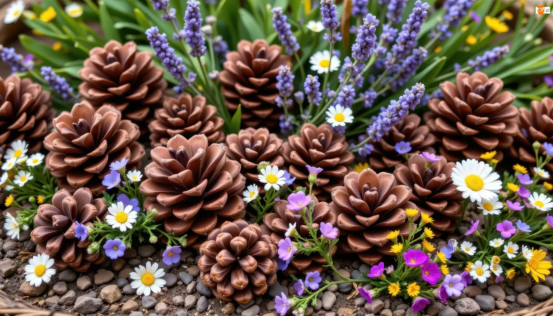 Stokrotki, Szyszki, Kwiaty, Lawenda