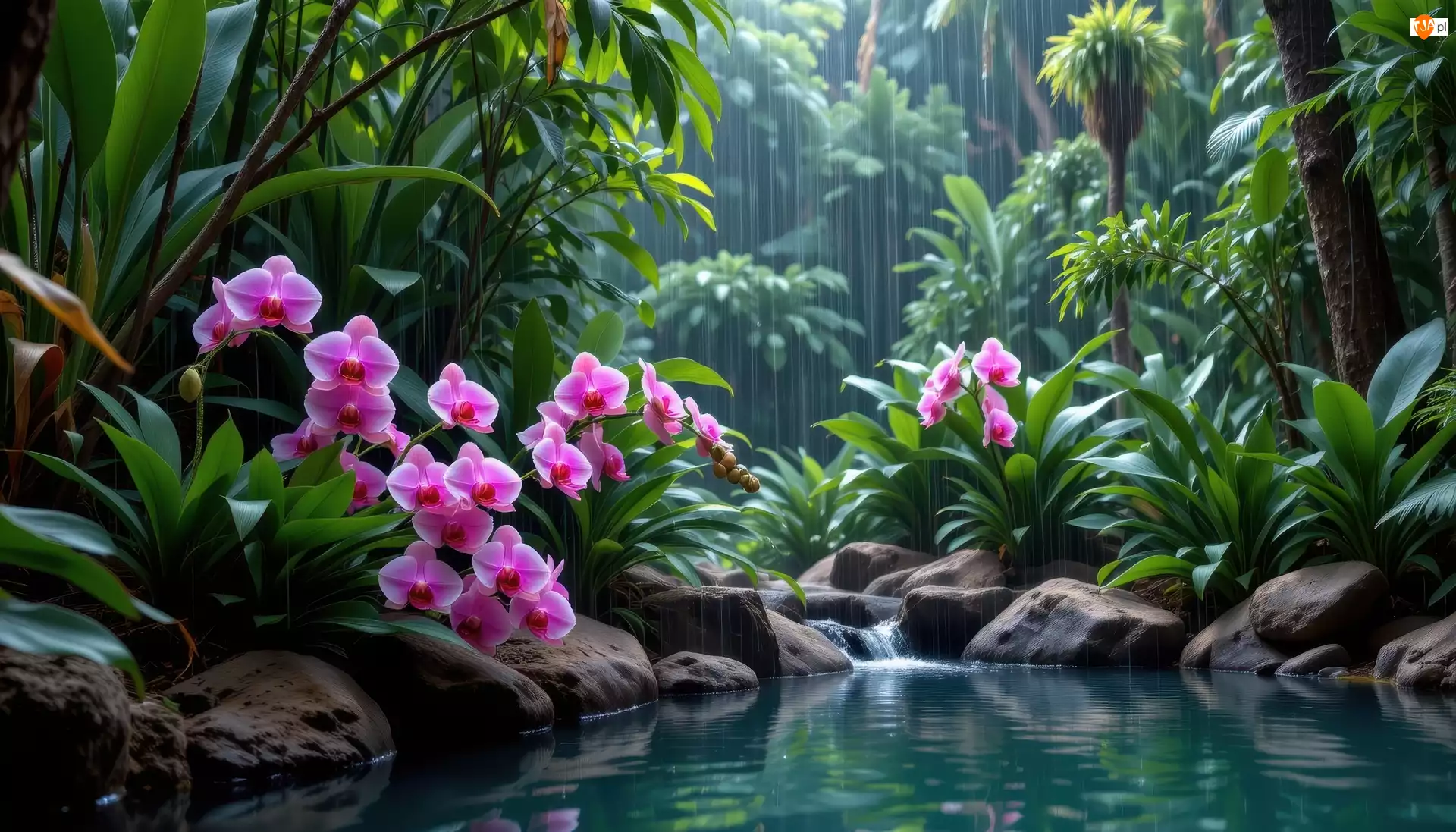 Grafika AI, Kwiaty, Deszcz, Drzewa, Rośliny, Fioletowe, Storczyki, Staw, Kamienie