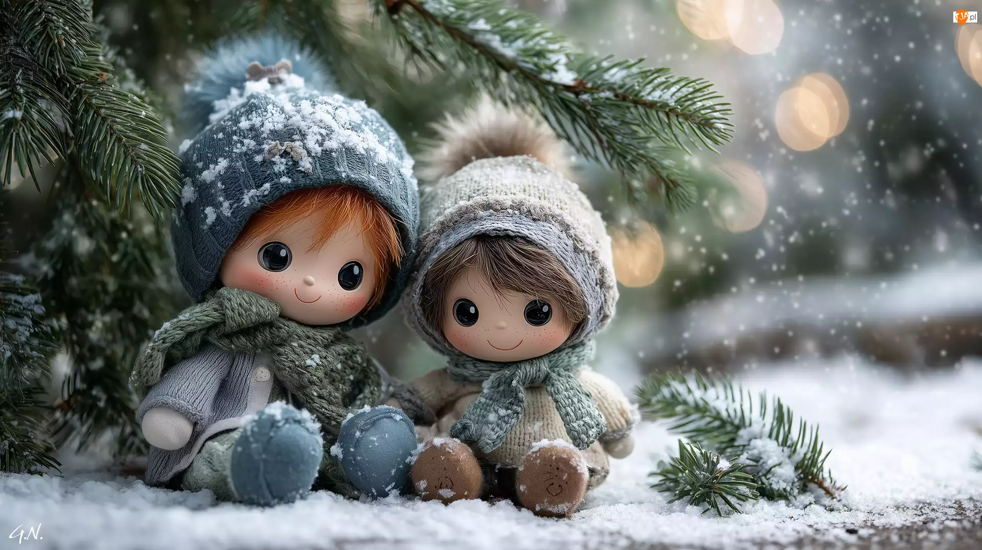 Śnieg, Lalki, Gałązki, Grafika AI, Iglaste, Zima