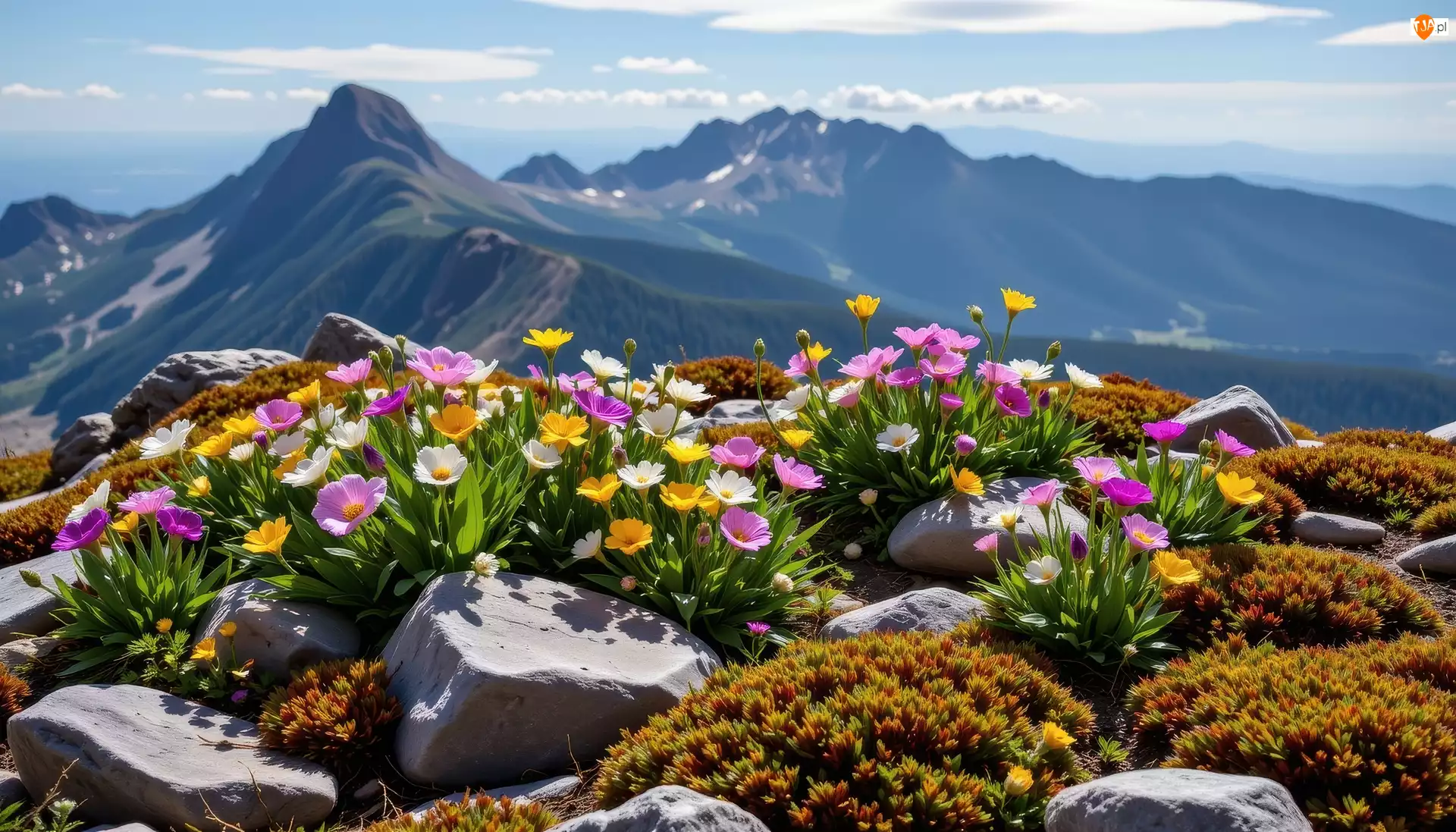Kwiaty, Kolorowe, Mech, Grafika AI, Kamienie, Góry