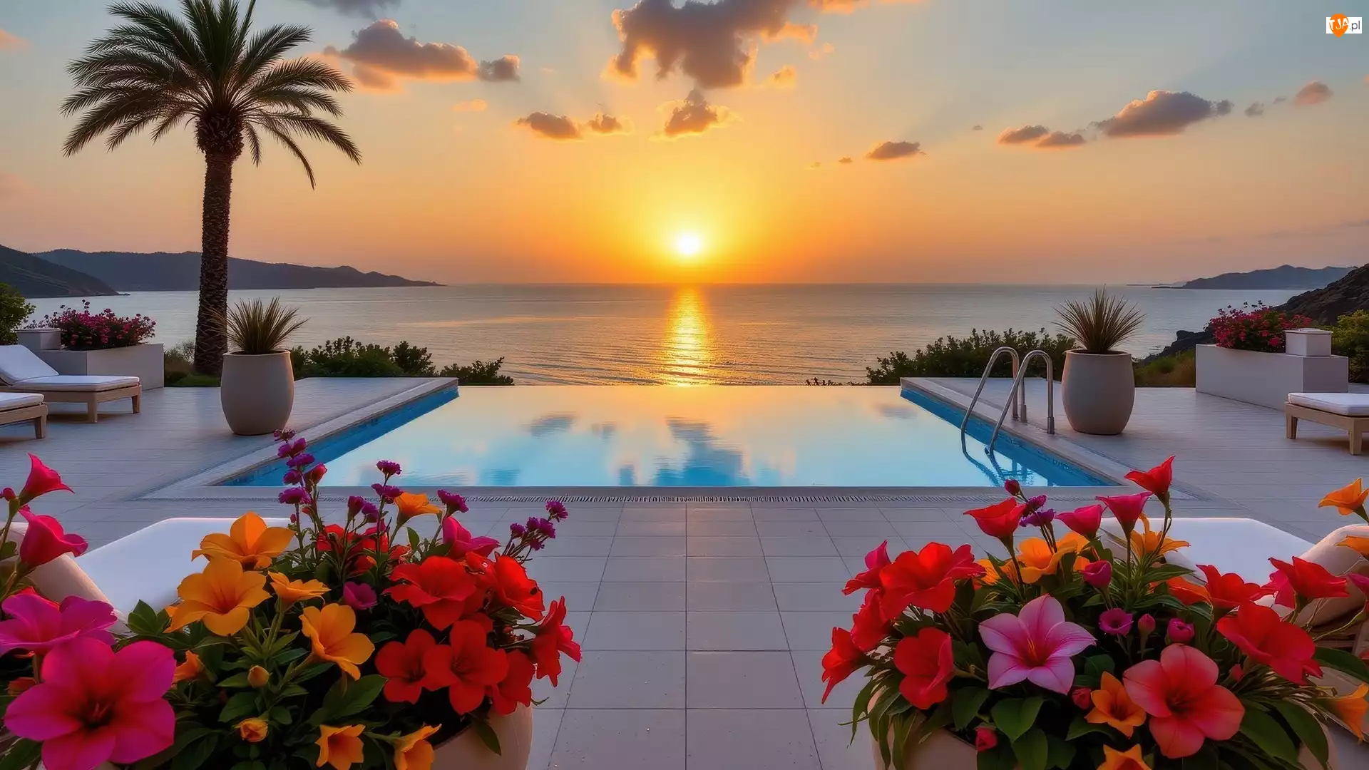 Kwiaty, Morze, Palma, Donice, Zachód słońca, Kolorowe, Leżaki, Basen