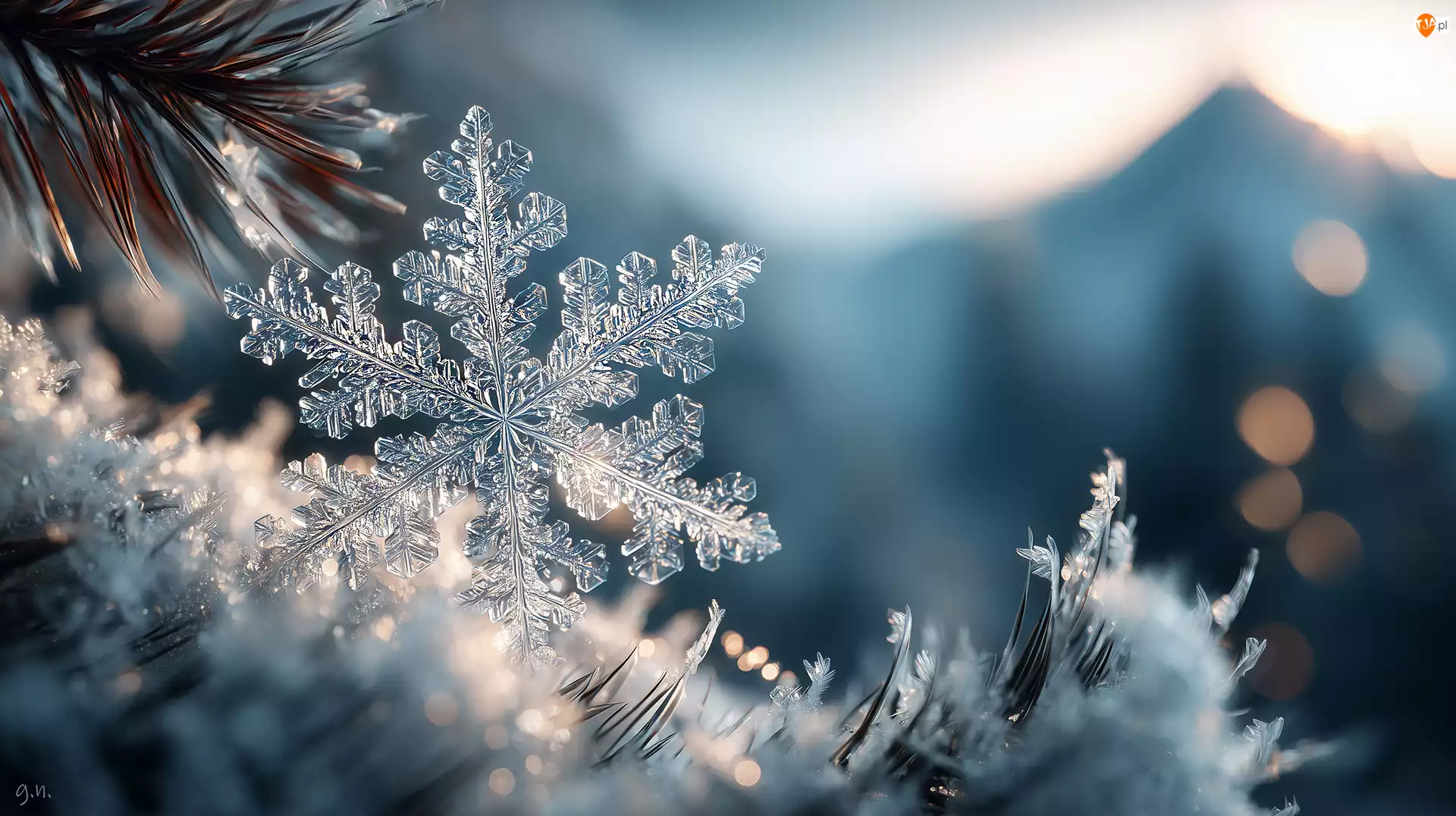 Gałązki, Śnieżynka, Śnieg, Grafika AI, Sosna, Zima