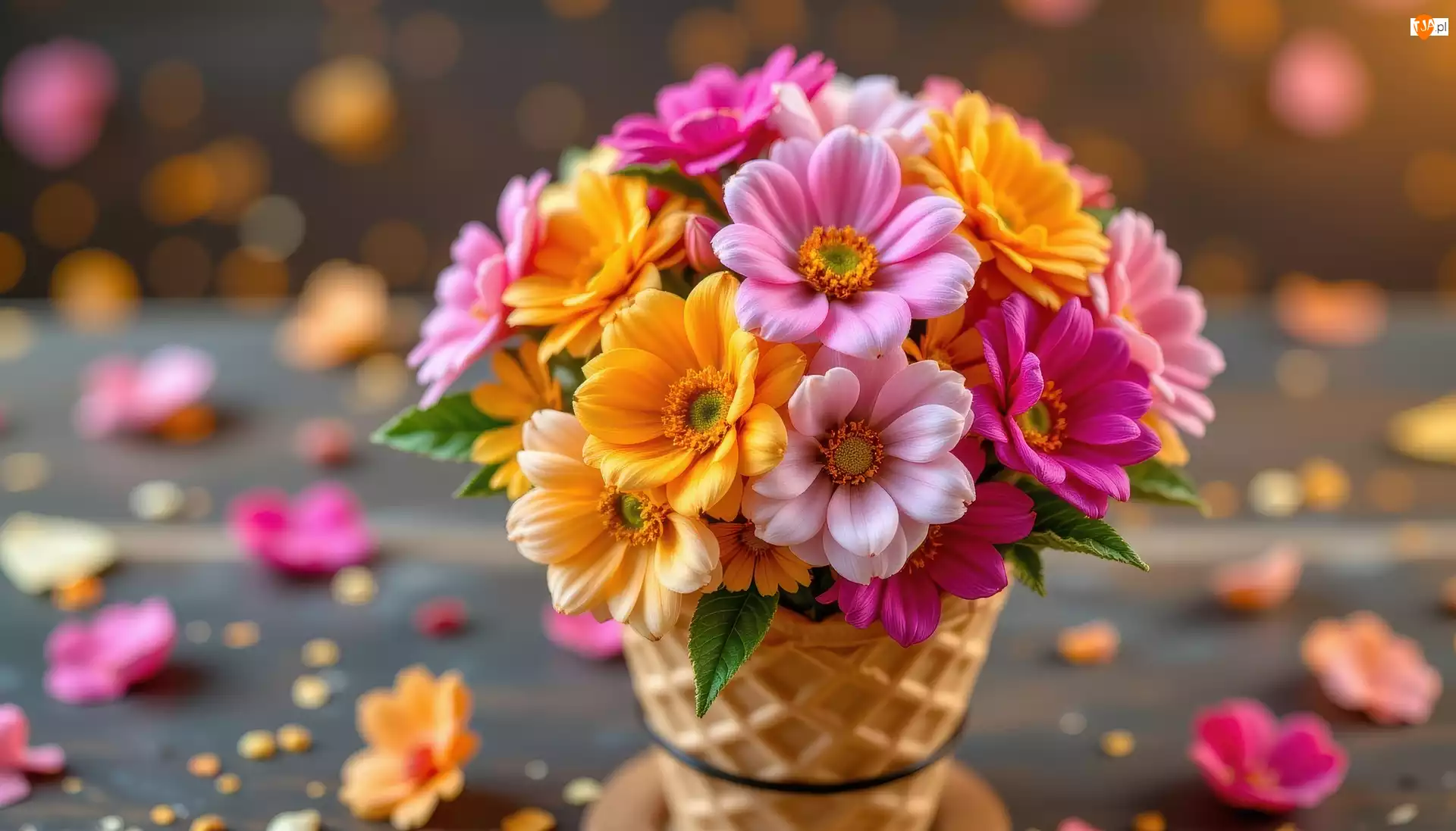 Bukiet, Wafel, Kwiaty, Kolorowe, Rożek