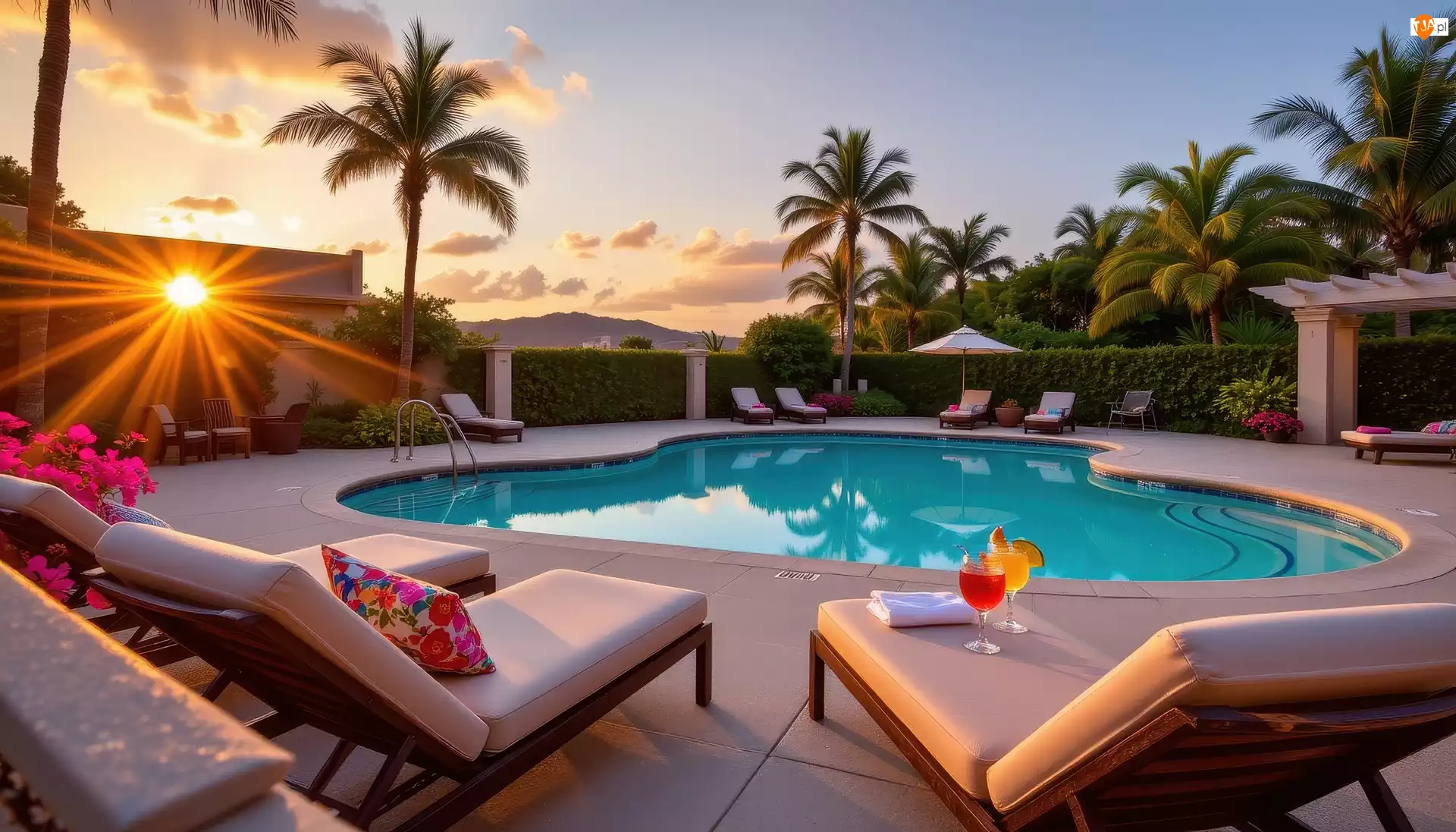 Grafika AI, Basen, Leżaki, Palmy