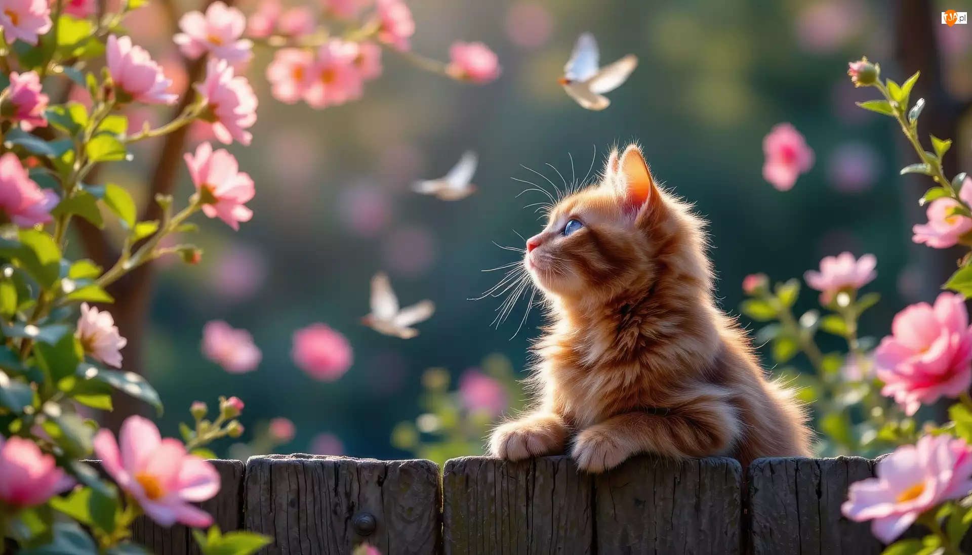 Płot, Motyle, Kot, Rudy, Kwiaty