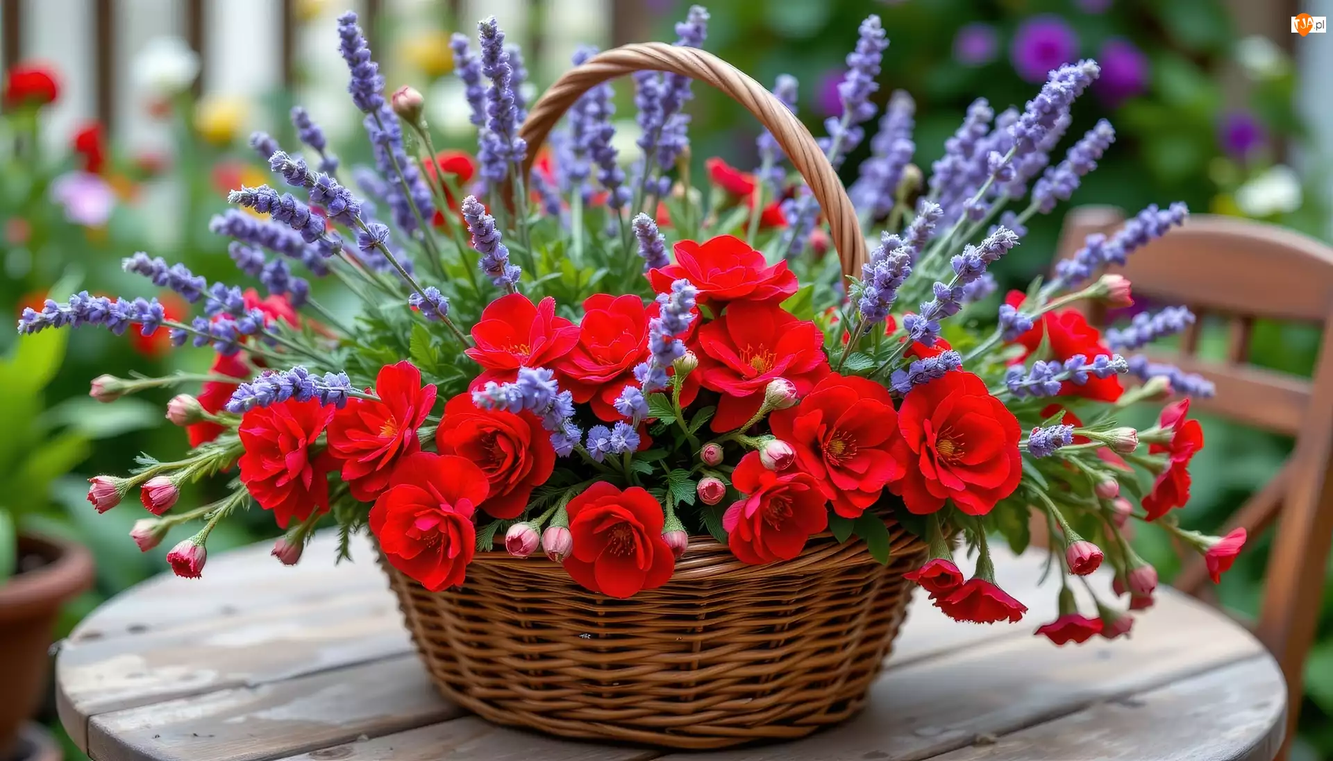 Lawenda, Kwiaty, Stolik, Grafika AI, Koszyk, Ogród