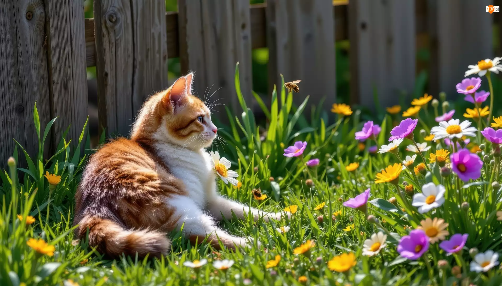 Pszczoła, Płot, Kot, Biało-rudy, Kwiaty