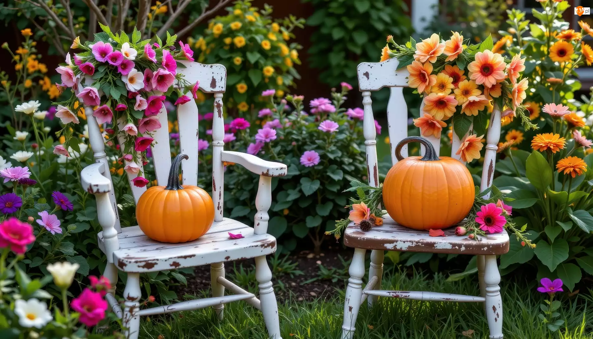 Kwiaty, Dwa, Krzesła, Dynie