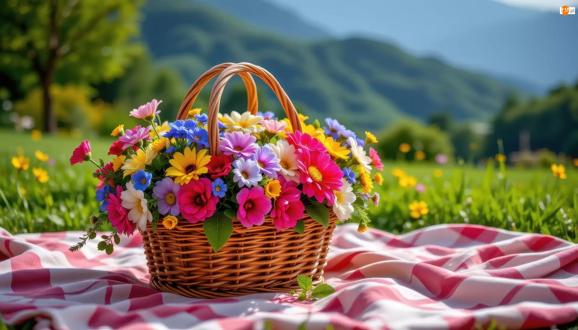 Kolorowe, Kwiaty, Koszyk, Góry, Wiklinowy, Koc
