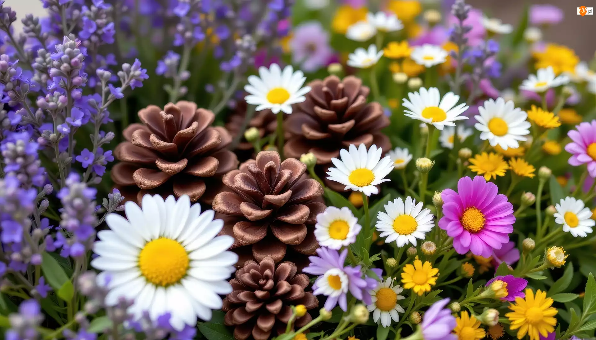 Lawenda, Szyszki, Kwiaty, Kolorowe, Stokrotki