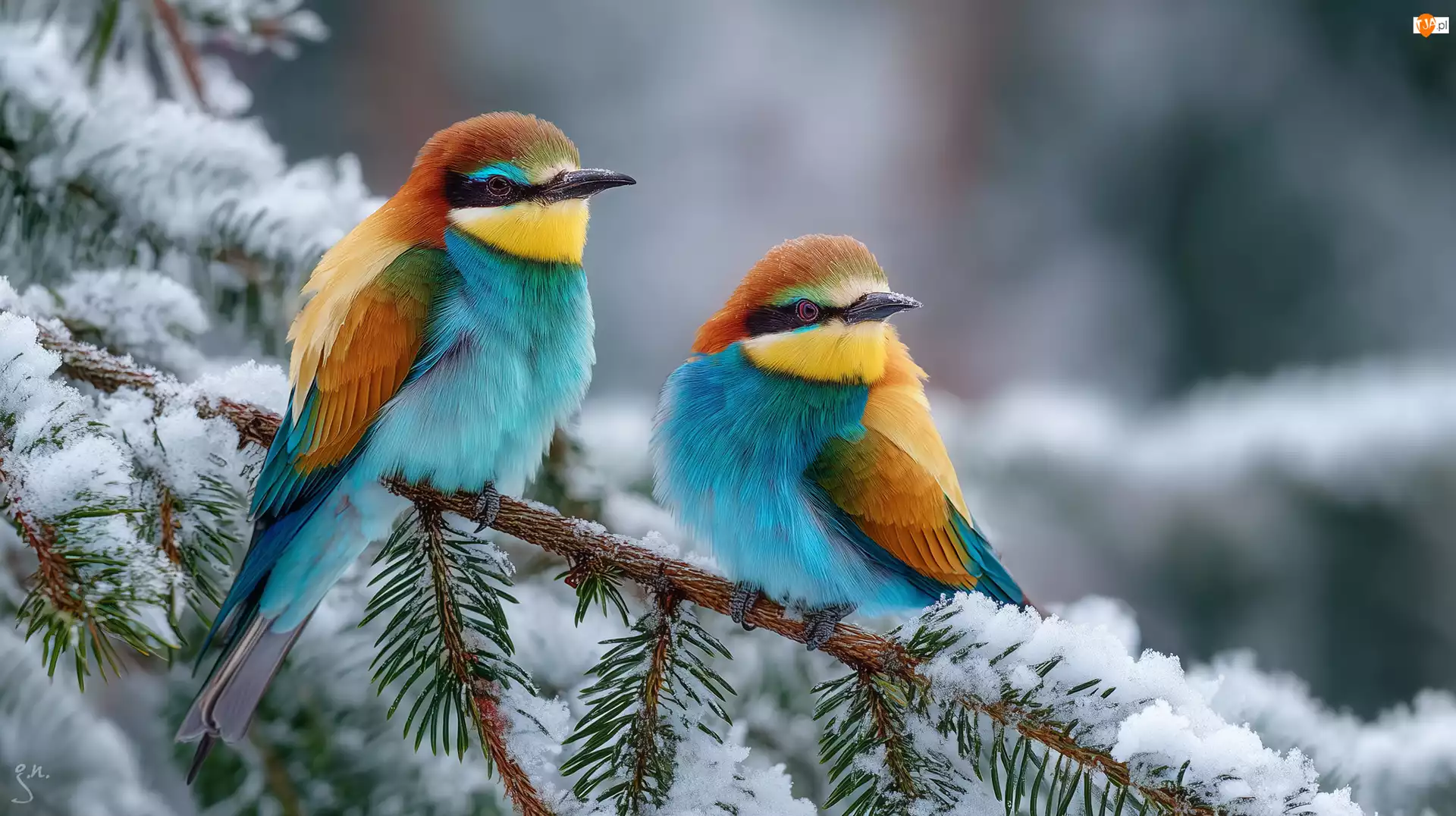 Ośnieżona, Grafika AI, Żołny, Dwie, Gałązka